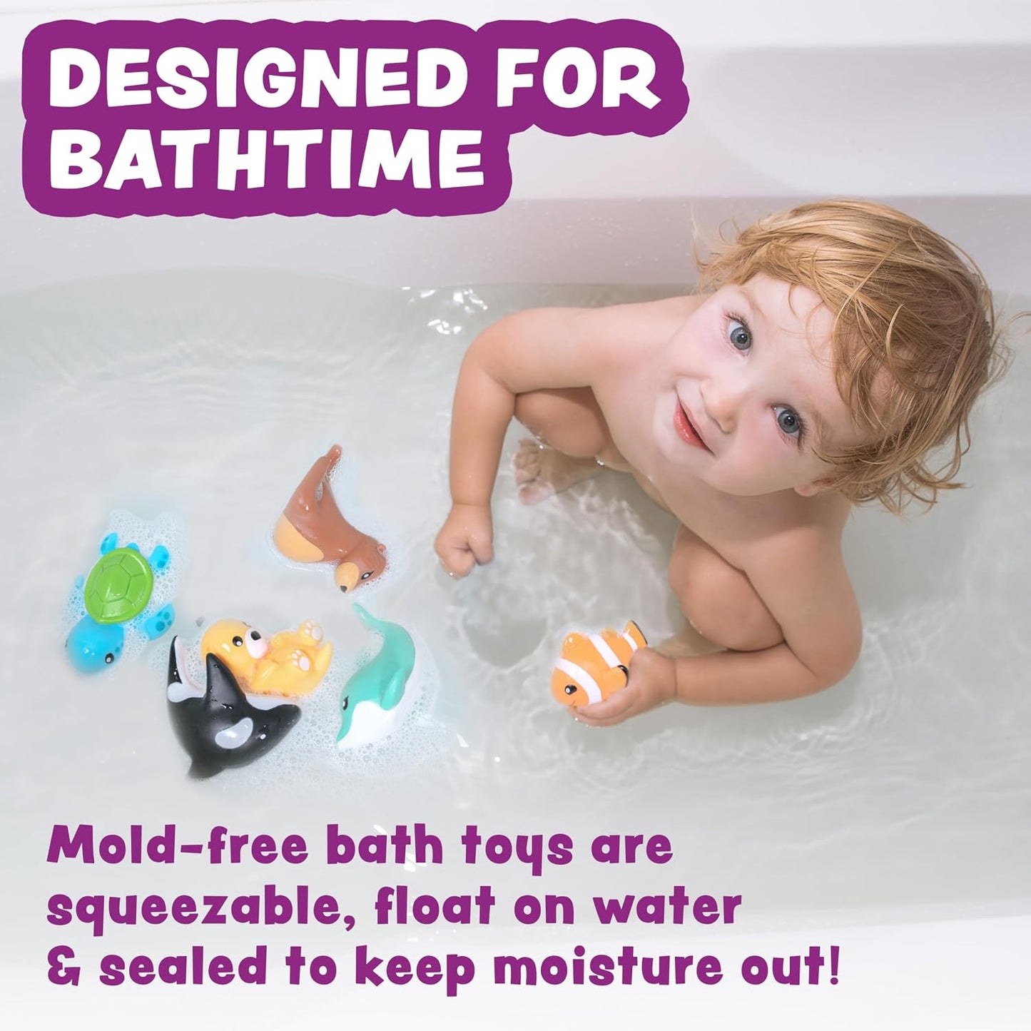 HotTub Works® Marine™ Mold Free Bath Toys, 6 Pack | Sealed, No Hole Bath Toys Design Keeps Moisture Out | Soft, Squeezable & Float on Water | Easy-Grip Baby & Toddler Bath Toy Set | Great Baby Pool Toys