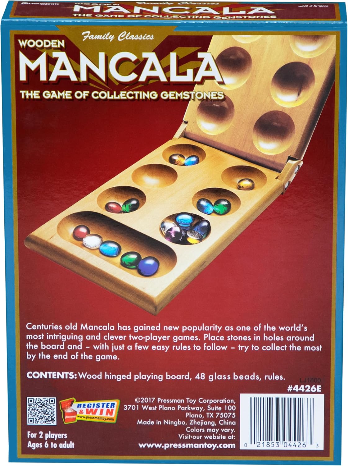 Hot Pressman Mancala Board Game | Fun Classic Table for Adults & Kids | Includes 48 Glass Mancala Stones and Wood Hinged Playing Board | 2 Players, Ages 6+