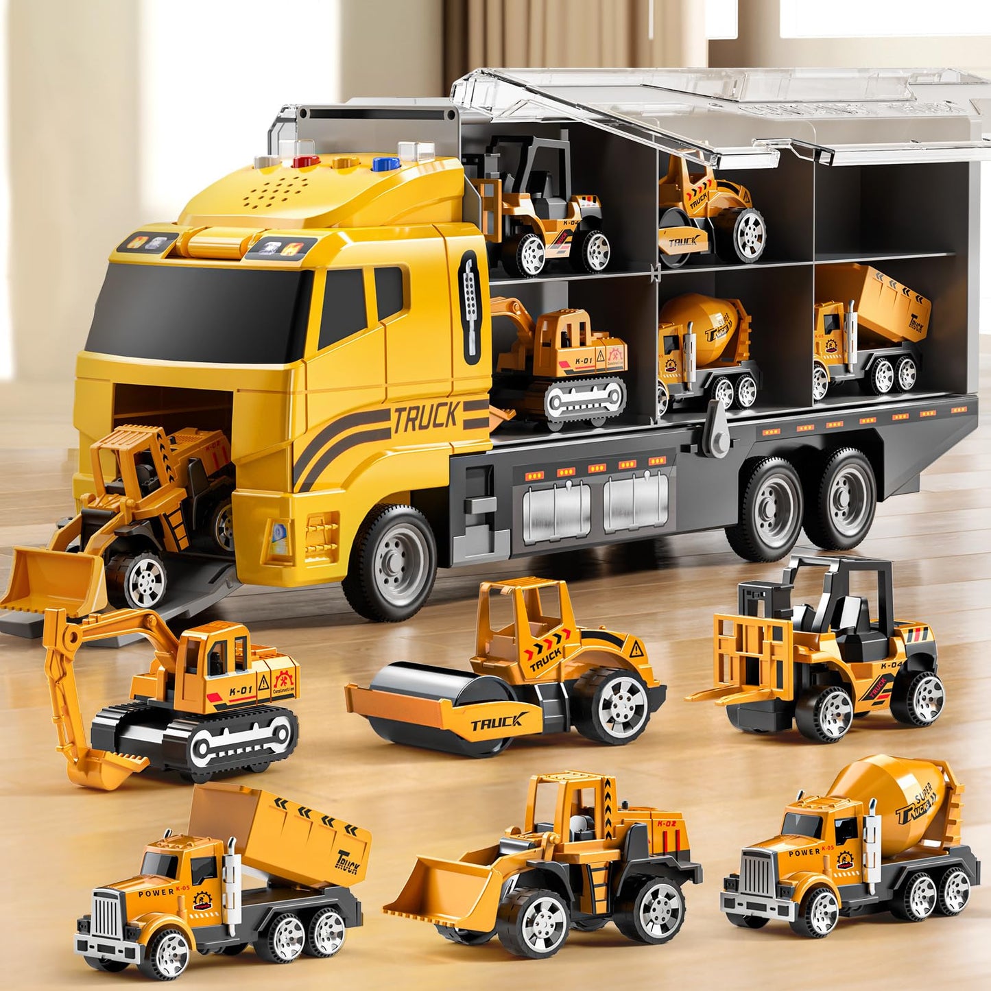 HotNIPLOOOW Toddler Boys Construction Truck Vehicle Toy Set with Play Mat and Die-Cast Toy Car, Transport Carrier Truck for Kids 3-5, Birthday Gifts Toys for 3-8 Year Old Boys