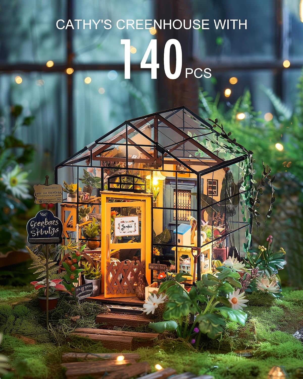 HotRolife DIY Miniature Greenhouse Kit, Tiny/Mini House Making Kit with Furniture for Adults, Furniture, Halloween/Christmas Decorations, Gifts for Family and Friends (Cathy's Greenhouse)