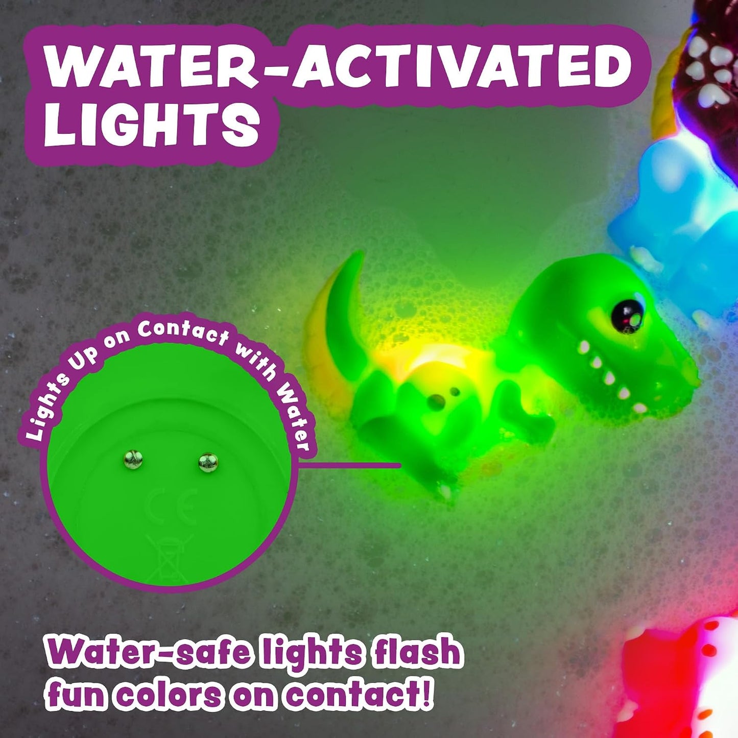 HotTub Works® Dinos™ Dinosaur Light Up Bath Toys, 6 Pack | Water-Activated Light Up Toys Flash & Change Color | Easy-Grip Baby & Toddler Bath Toys | Sensory Bath Lights Watertight Bathtub Toys