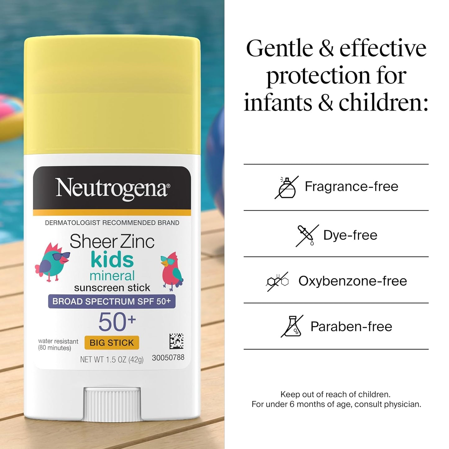HotNeutrogena Sheer Zinc Oxide Kids Mineral Sunscreen Stick, SPF 50 Plus UVA/UVB Broad Spectrum Protection, Water-Resistant Sunscreen Stick, Gentle on Sensitive Skin, Dermatologist Recommended, 1.5 oz