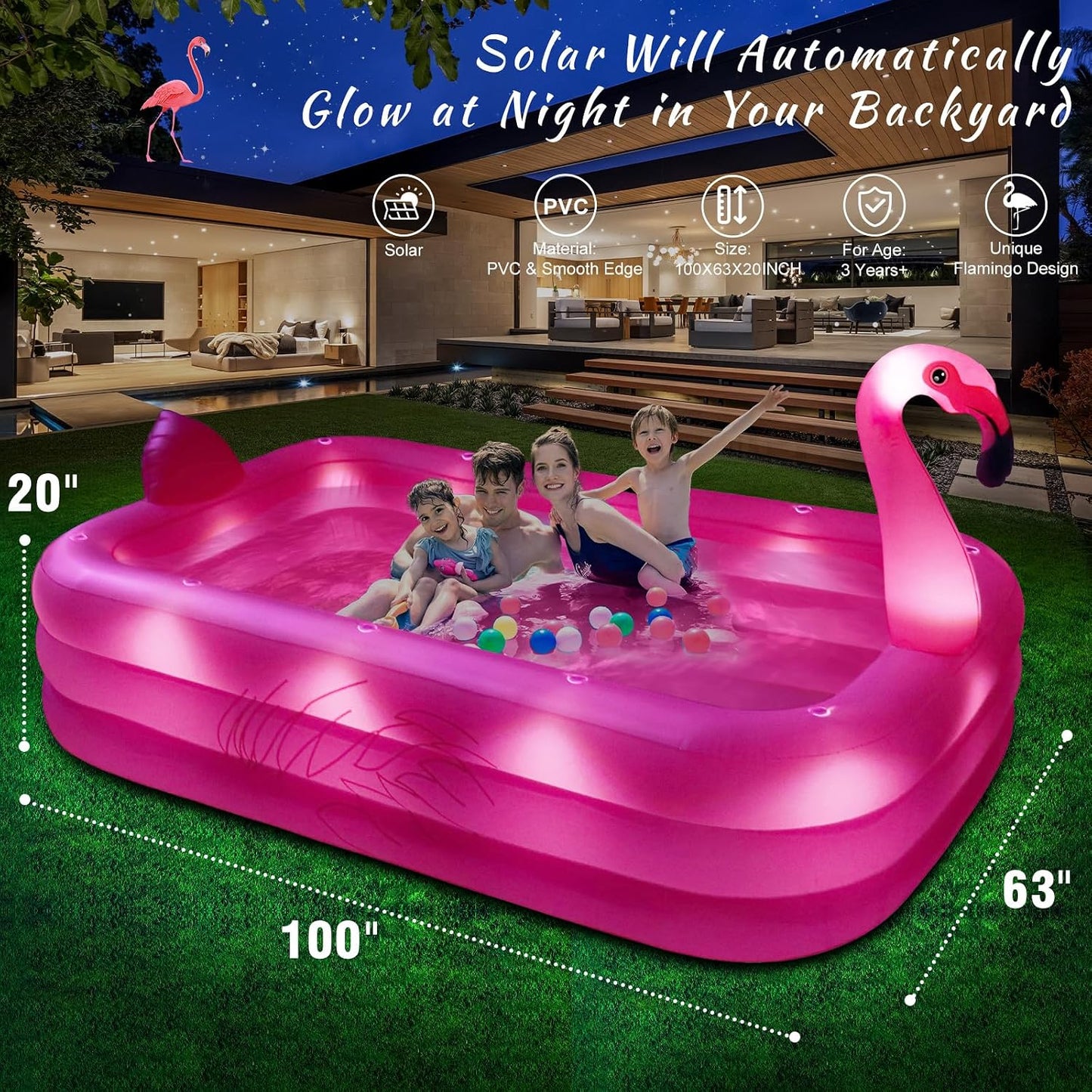 Hot Inflatable Pool with Lights, Solar Flamingo Swimming Pool for Kids,Adults Inflatable Blow up Pool, Large Kiddie Pool,Durable Thickened Kids Pool for Backyard,Outdoor,100"X63"X20"-Bright Pink