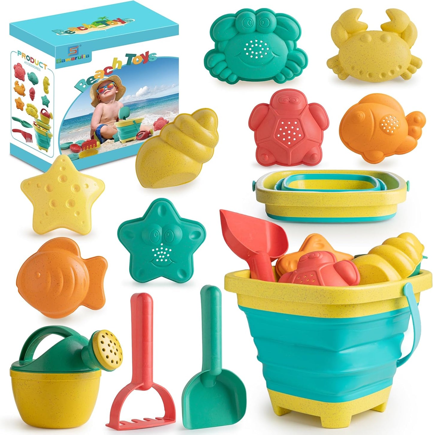 Hot Sawaruita Beach Toys for Kids - Sand Toys Set Includes Collapsible Sand Bucket Shovel and Sand Rake Toy for Beach 12 PCS, Sandbox Toys Sandcastle Building Kit (A)