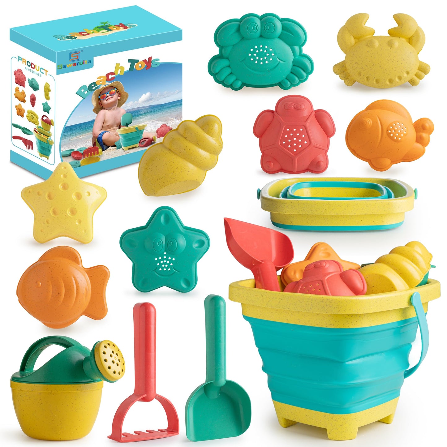 Hot Sawaruita Beach Toys for Kids - Sand Toys Set Includes Collapsible Sand Bucket Shovel and Sand Rake Toy for Beach 12 PCS, Sandbox Toys Sandcastle Building Kit (A)