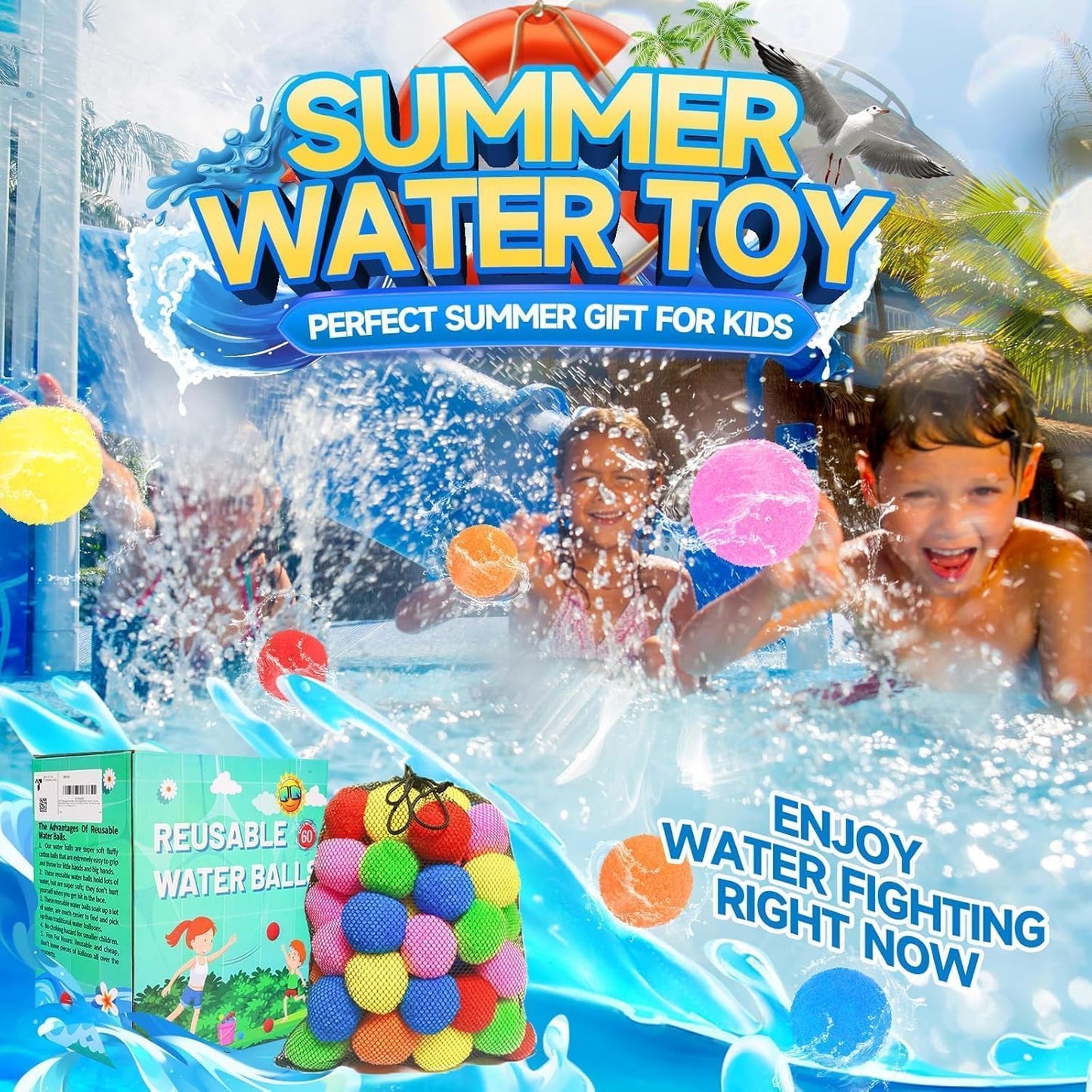 HotBEFANS 60 Pcs Reusable Water Balls, Reusable Water Balloons for Outdoor Toys and Games, Water Toys for Kids and Adults Boys and Girls - Summer Toys Ball for Pool and Backyard Fun