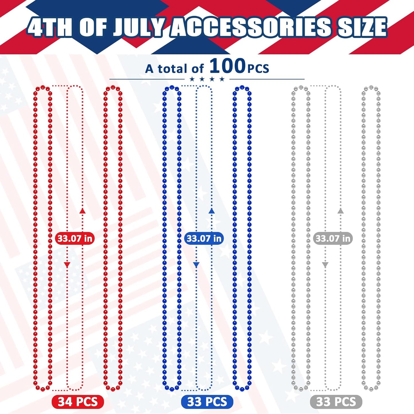 Hot100PCS 4th of July Accessories, 250th Anniversary Patriotic Beads Necklace Bulk, Fourth of July Red Blue Silver Necklace Party Favors, Beads for Veterans Day Parade Party Celebration Favors Decor