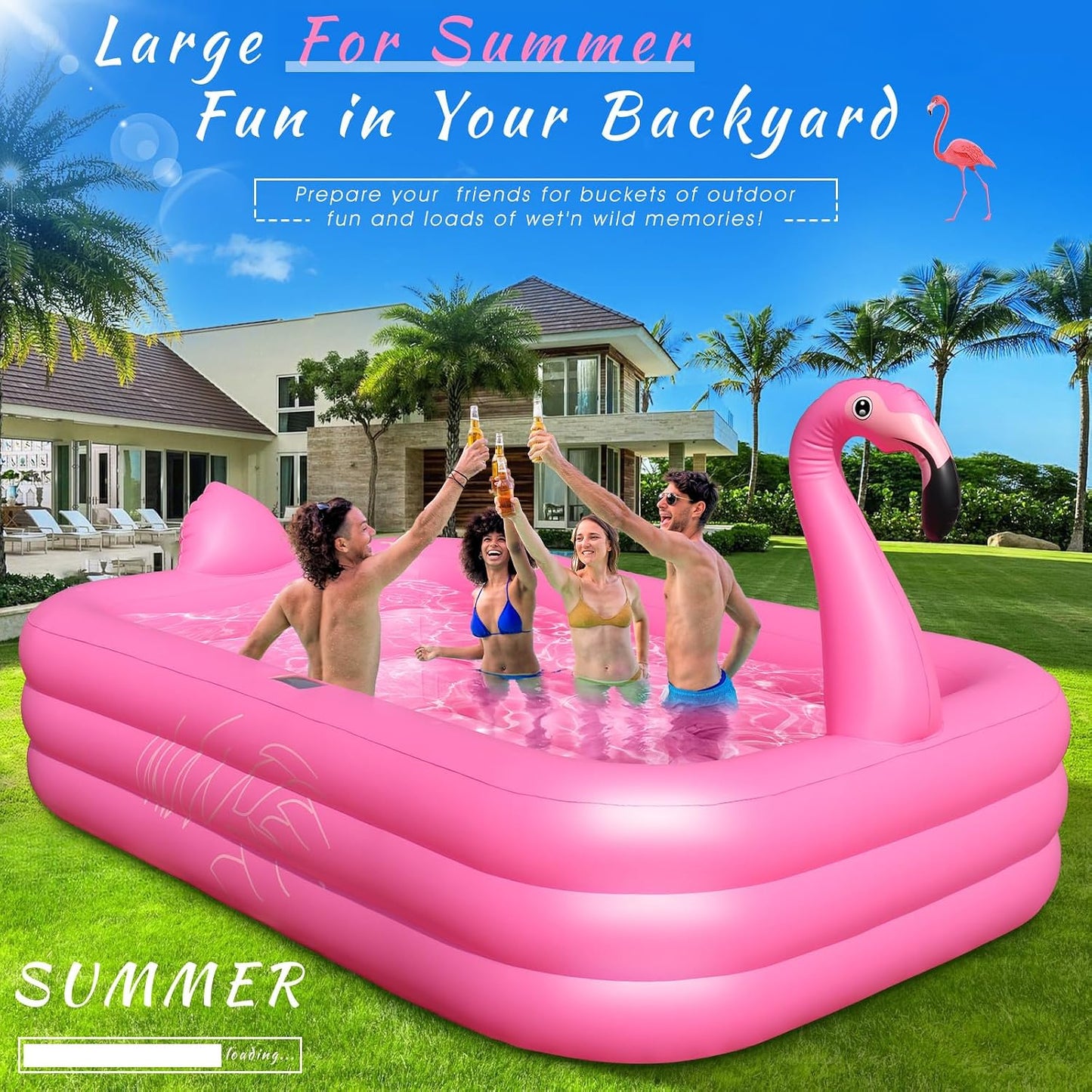 Hot Inflatable Pool with Lights, Solar Flamingo Swimming Pool for Kids,Adults Inflatable Blow up Pool, Large Kiddie Pool,Durable Thickened Kids Pool for Backyard,Outdoor,100"X63"X20"-Bright Pink