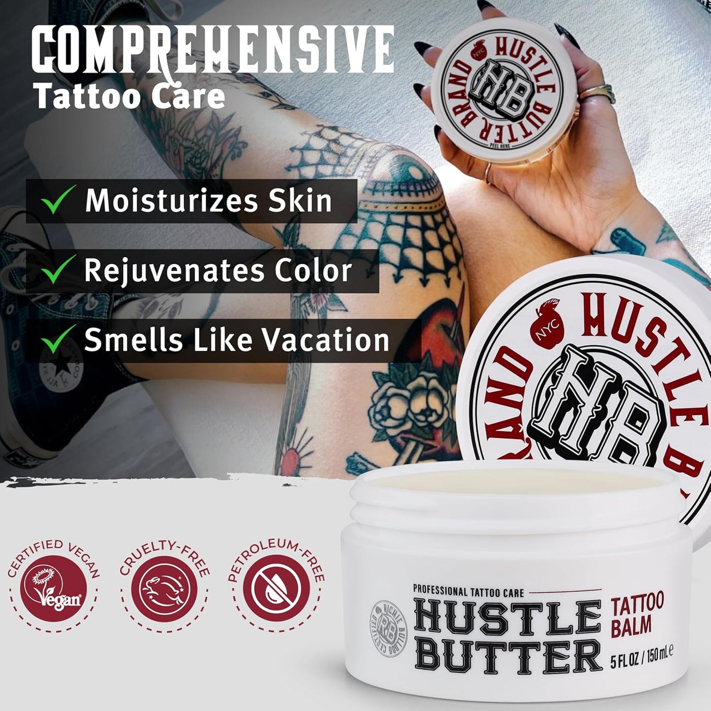 HotHustle Butter Tattoo Aftercare 5oz Tattoo Balm, Heals + Protects New Tattoos and Rejuvenates Older Tattoos - 100% Vegan Cream No-Petroleum