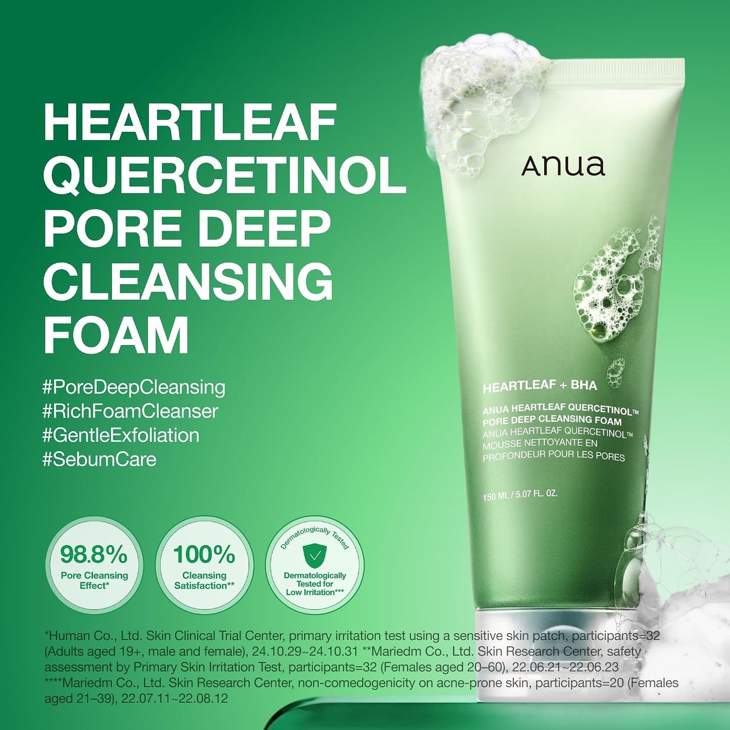 HotAnua Heartleaf Quercetinol Pore Deep Cleansing Foam, Face wash for Pore Refining Cleanser, Hydrating Daily Facial Cleanser For Double Cleansing, Gentle Foaming with BHA, Korean Skincare, 5.07 fl.oz.
