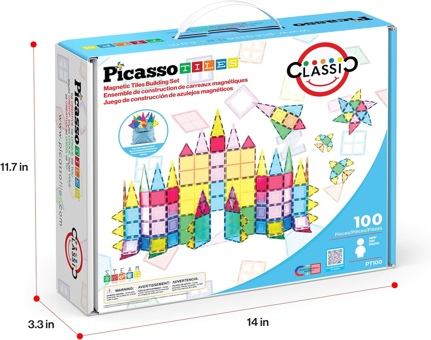 HotPicassoTiles 100 Piece Magnetic Tiles, Clear 3D Building Blocks for Kids 3+ | No-limit scalable builds, hands-on magnet polarity fun, family group play, quick assemble & store, shape & color recognition