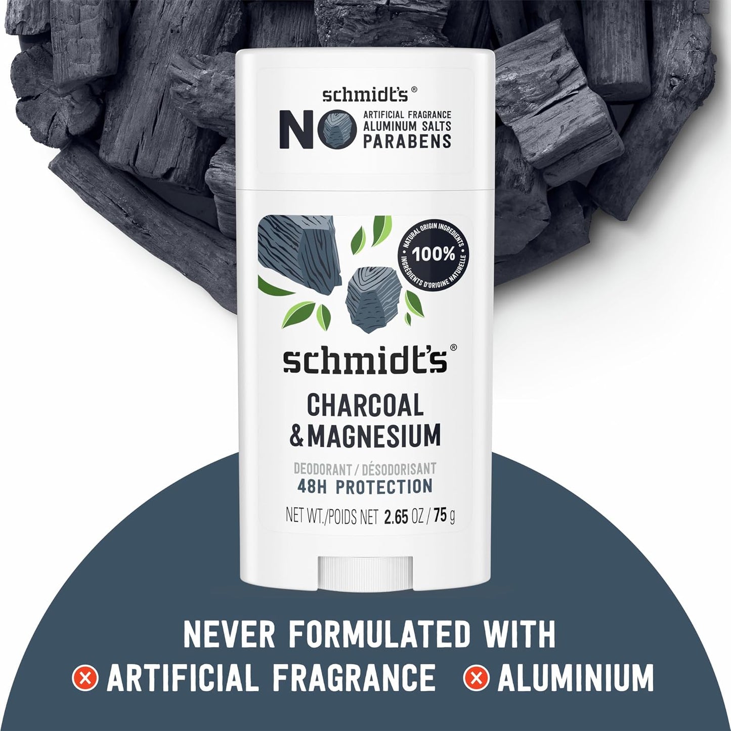 HotSchmidt's Aluminum-Free Vegan Deodorant Charcoal & Magnesium with 48 Hour Odor Protection, 2 Count for Women and Men, Natural Ingredients, Cruelty-Free, 2.65 oz, Pack of 2