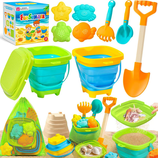 HotDUDUCOFU Collapsible Beach Sand Toys for Kids Toddlers, Collapsible Sand Bucket with Sifter Shovels Set with Mesh Bag and Sand Molds, Travel Beach Sandbox Toys for Boys Girls 3 4 5 6 7 8 9 10