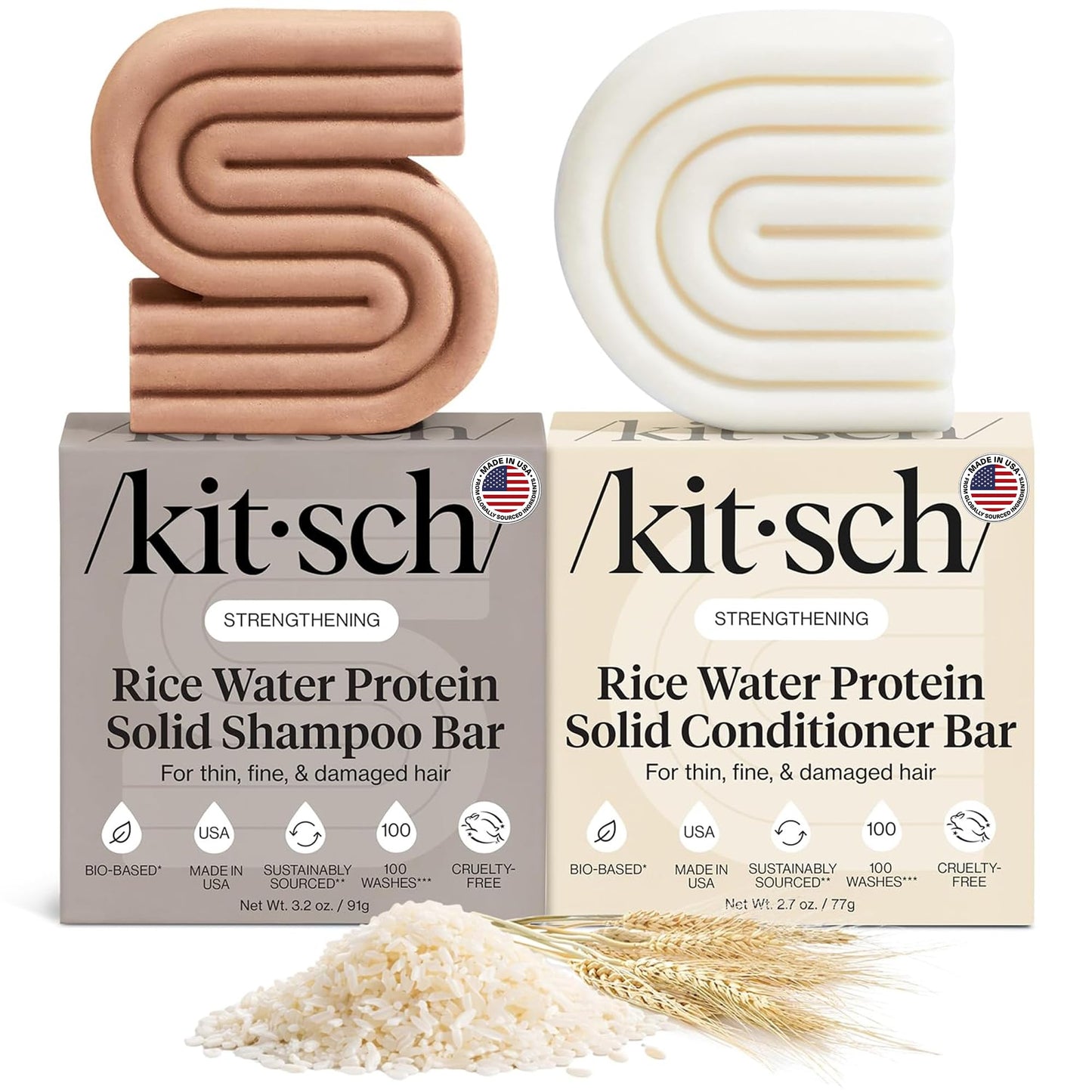 HotKitsch Rice Water Solid Shampoo and Conditioner Set for Hair Growth – 2 pcs | Strengthening Hair Care Duo w/ Rice Protein & Vitamins for Damage Repair – Paraben, Sulfate & Silicone Free, Made in USA