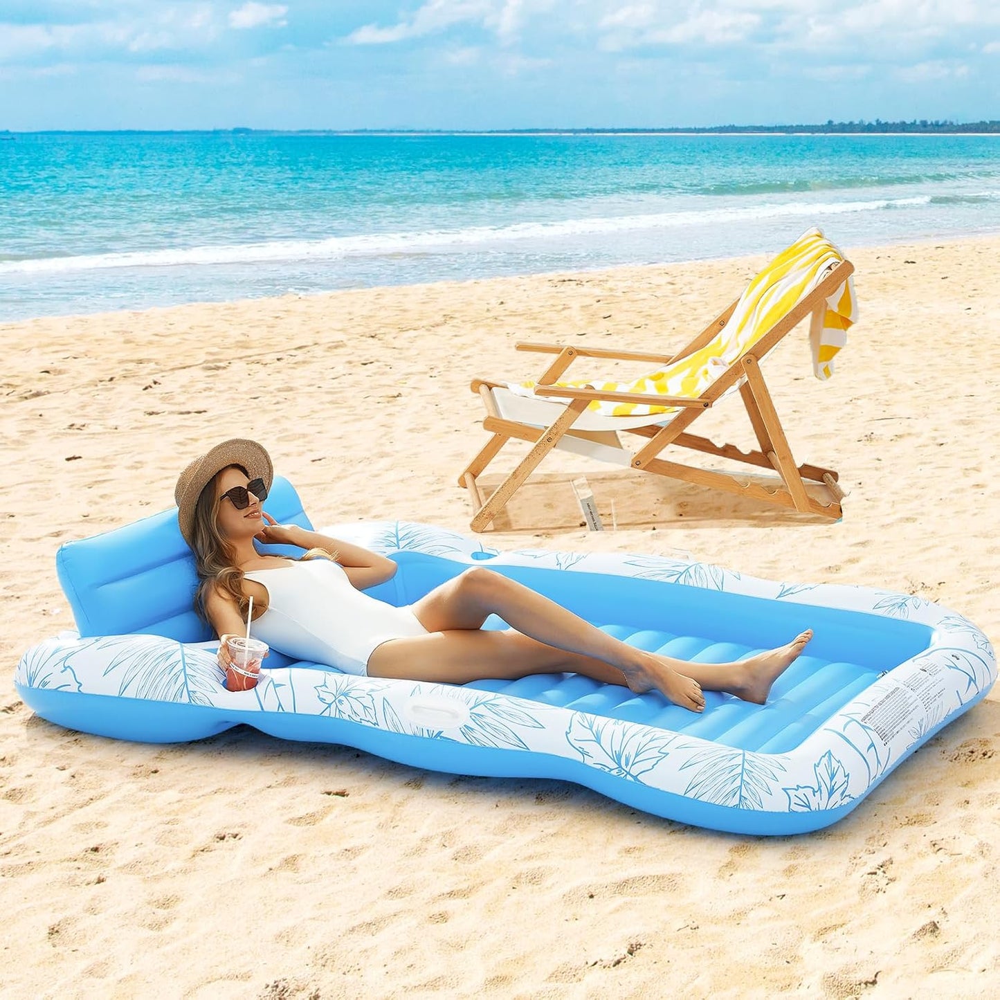 Hot Inflatable Adult Pool Lounger Float - BAIAI Large Beach Sun Tanning Floats Raft Sunbathing Water Lounge Floaties Tub with Drink Holder - Blow Up River & Lake Suntan Floating Swimming Mattress Mat