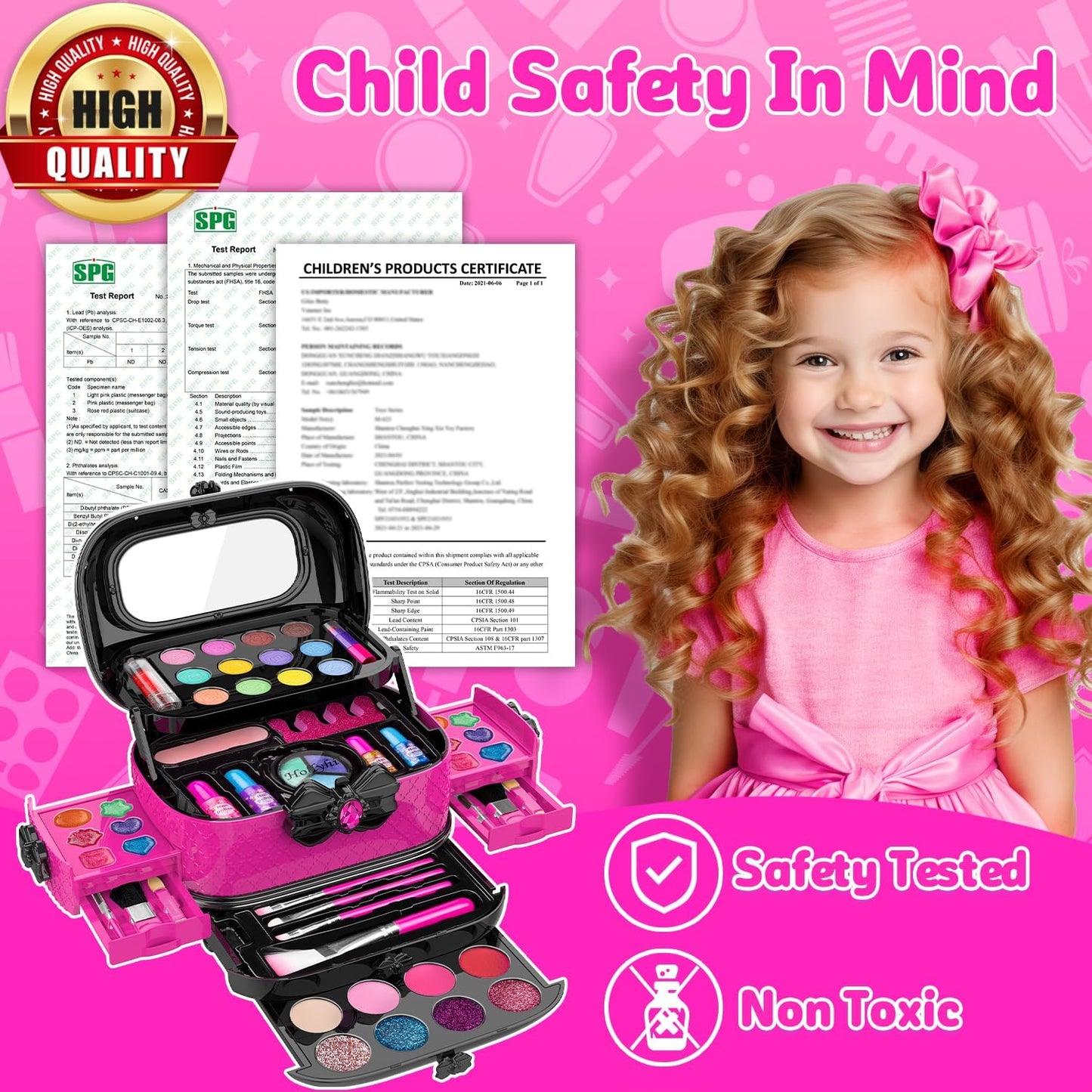 HotHollyhi 58 Pcs Kids Makeup Kit for Girl, Princess Toys Real Washable Cosmetic Set with Mirror, Kids Makeup Sets for Girls, Play Make Up Birthday Gifts for 3 4 5 6 7 8 9 10 11 12 Years Old Kid (Rose)