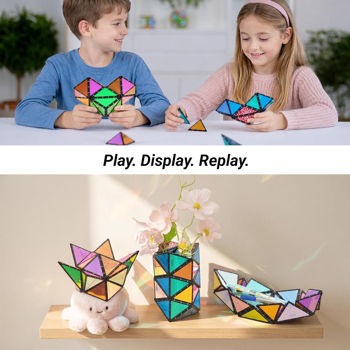 HotTOSY Magnet Pyramid Glow - 1 Cube Transforms into 1 Billion Shapes, 12 Pieces, 243 Rare Earth Magnets, Glowing, Holographic Design Magnet Tiles Creative Puzzle STEM/STEAM Toy