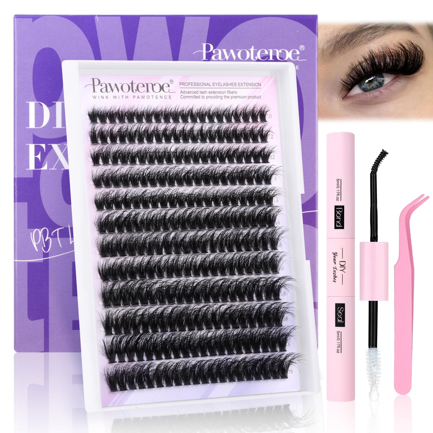 HotPawotence Lash Extension Kit DIY 280pcs Lash Clusters Eyelash Extension Kit, 9-16mm 30D 40D Individual Lashes Kit with Lash Bond and Seal, Lash Tweezers for Self Use (30D&40D, 0.07D, 9-16mm, Kit)
