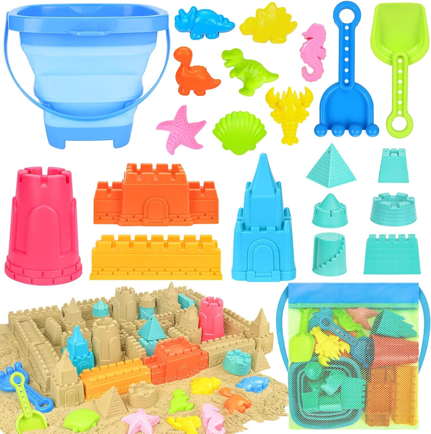 HotCollapsible Beach Toys for Kids Toddlers, Collapsible Sand Bucket and Shovels Set with Mesh Bag,Travel Sand Castle Building Kit, Sandbox Toys, Foldable Beach Essentials for Toddlers Kids Age 3-10 ﻿