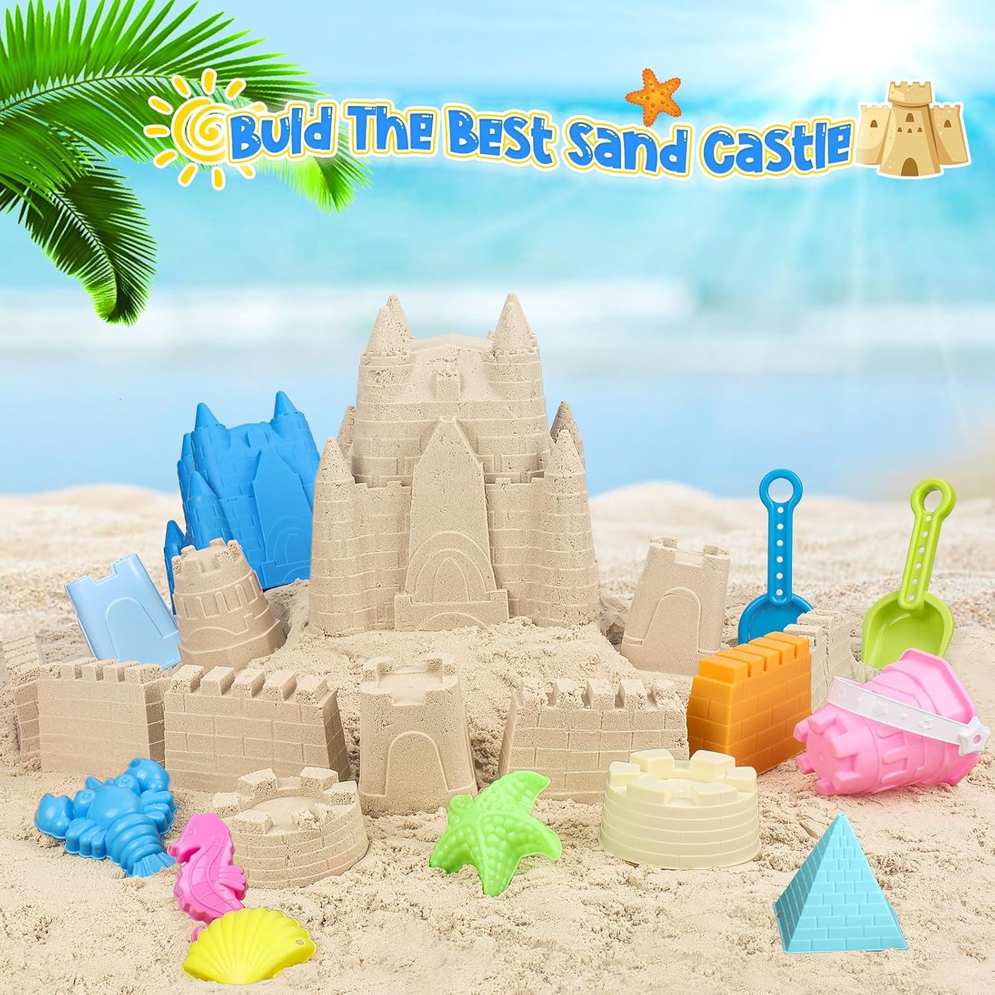 Hot FUSPWEAO Beach Sand Toys, Sand Castle Toys with Castle Bucket, Creative Molds, Shovel and Rake, Sandbox Play Set for Kids Ages 3-12, Outdoor Summer Beach Essentials for Building & Playing