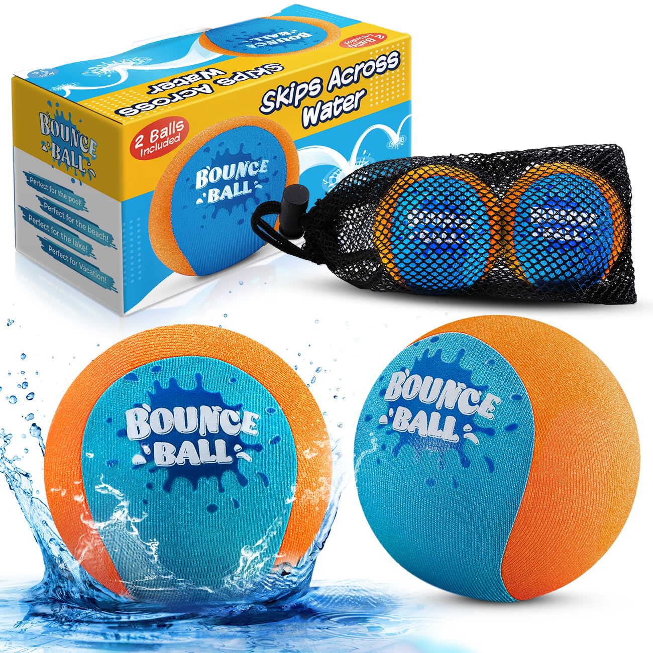 HotBambilo Water Skipping Ball | 2-Pack Bounce Balls | Water Bouncing Beach Balls & Grip Ball | Pool Toys for Kids Age 5-8-12 | Great Summer Water Toy for Beach Swimming Pool River Lake