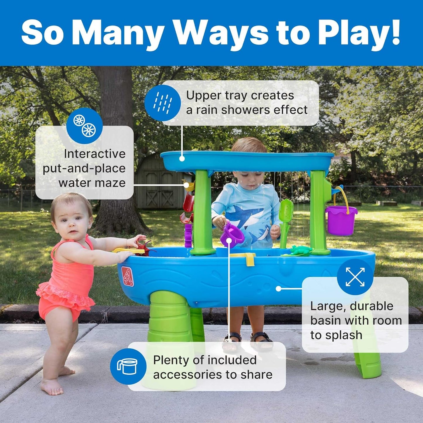 HotStep2 Rain Showers Splash Pond Water Table, Kids Water and Sand Activity Sensory Playset, Summer Outdoor Toys, 13 Piece Water Toy Accessories, For Toddlers 1.5+ Years Old, Blue & Green