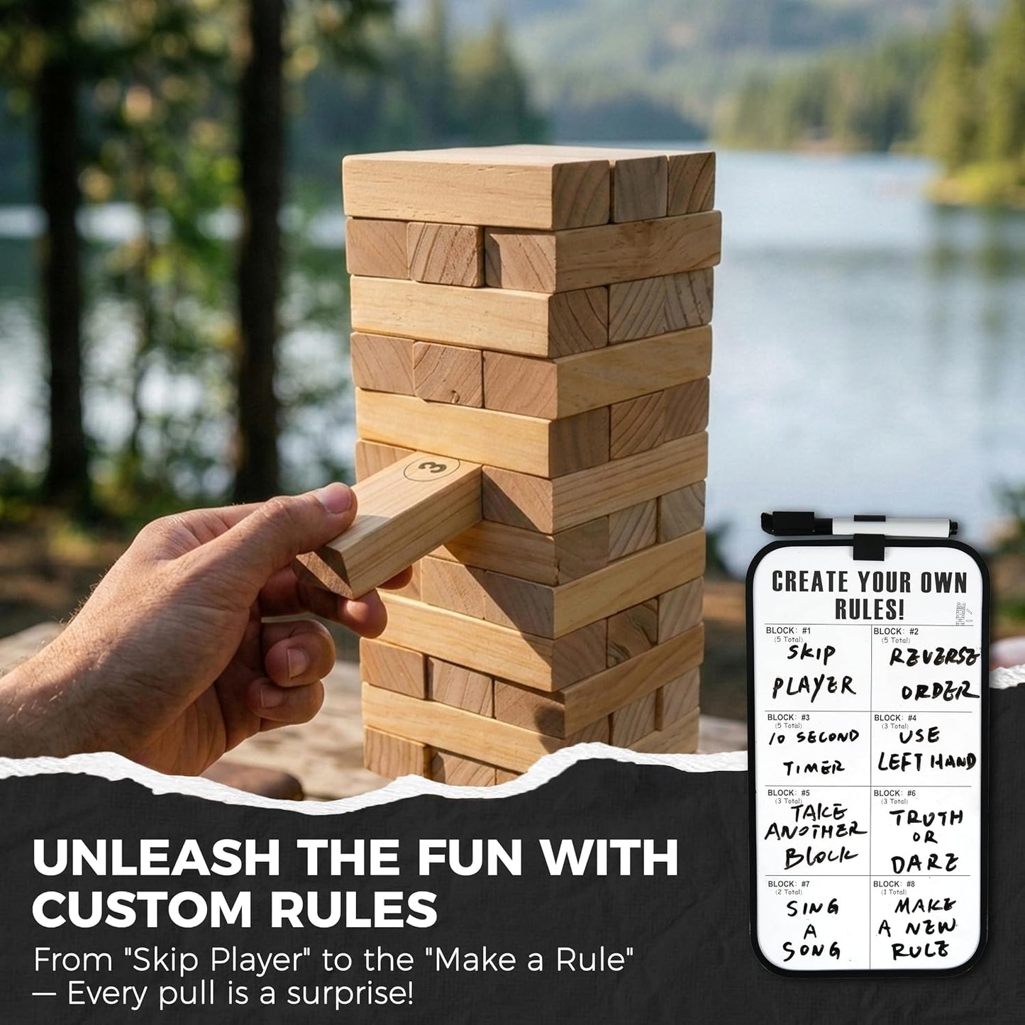 HotOutdoor Games Large Wooden Tower Stacking Game - 54 Premium Pine Blocks Stack up to 4FT with Custom Rules Board & Heavy Duty Carry Bag - Outdoor Lawn Games for Backyard Parties, Camping, Tailgating