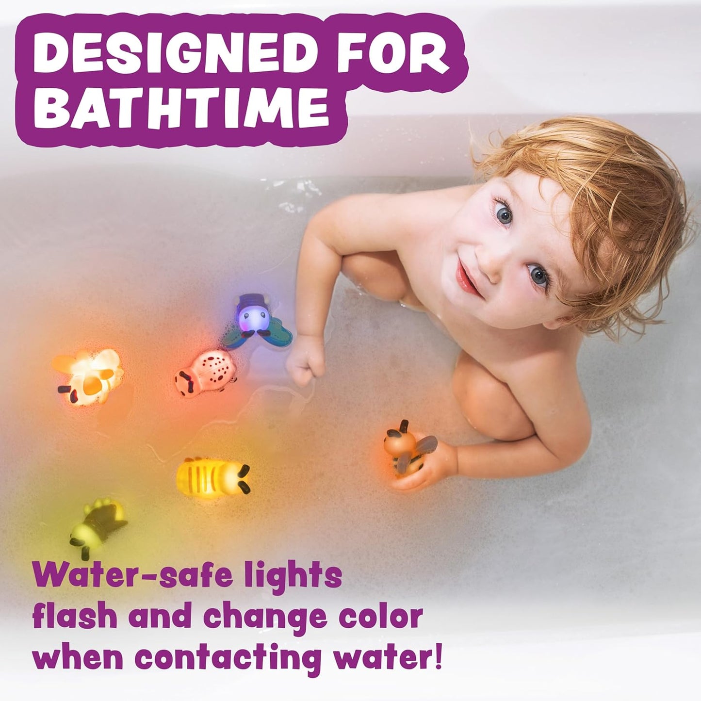 HotTub Works® Bugs™ Light Up Bath Toys, 6 Pack | Water-Activated Light Up Toys Flash & Change Color | Easy-Grip Baby Girl & Toddler Bath Toys | Glow Bugs for Kids | Sensory Bathtub Toys with Bath Lights