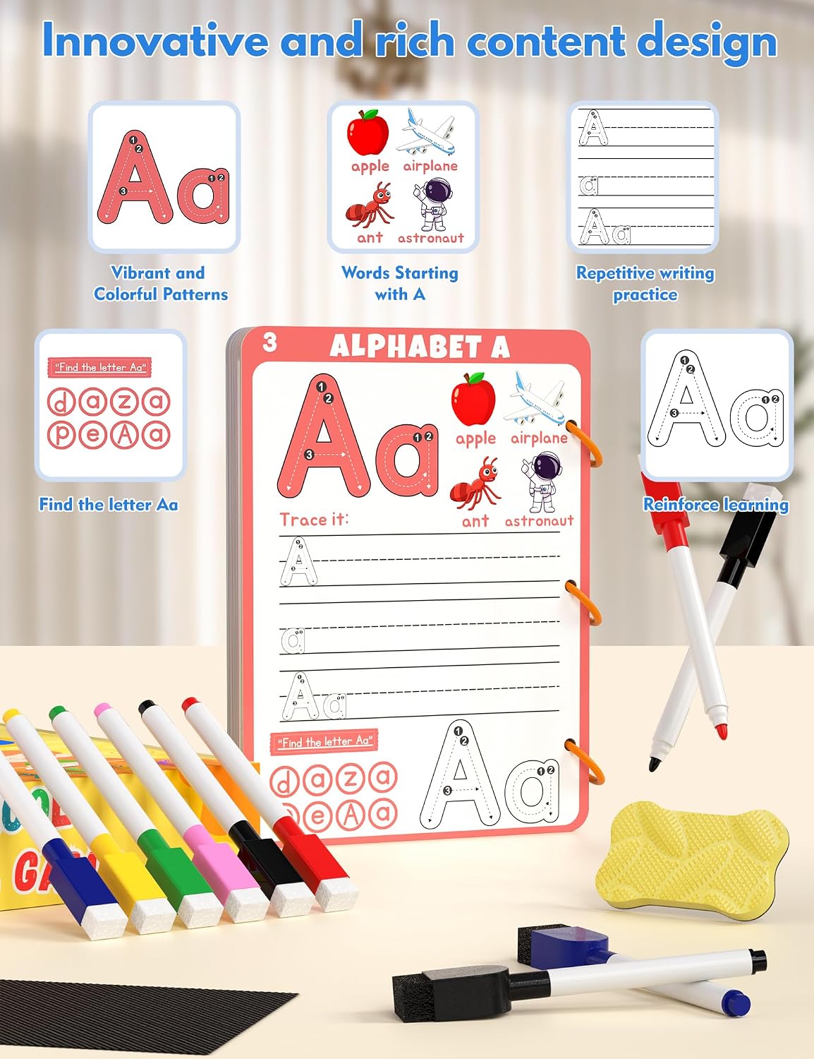 Hot Preschool Learning Activities Educational Workbook, 62 Reusable Pages Pre Kindergarten Workbooks, Number Letter Tracing Books for Kids, Autism Learning Materials, ABC Busy Book for Kids Ages 3-7