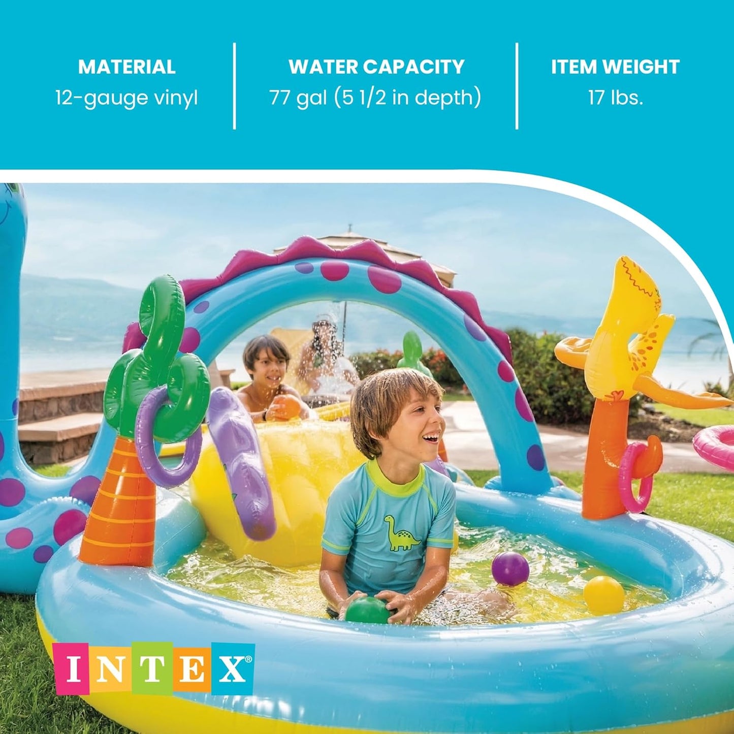 Hot INTEX Dinoland Inflatable Kiddie Pool: Inflatable Kids Pool with Water Sprayer and Slide – Splash Pad – 119" x 90" x 44" – Ages 3+