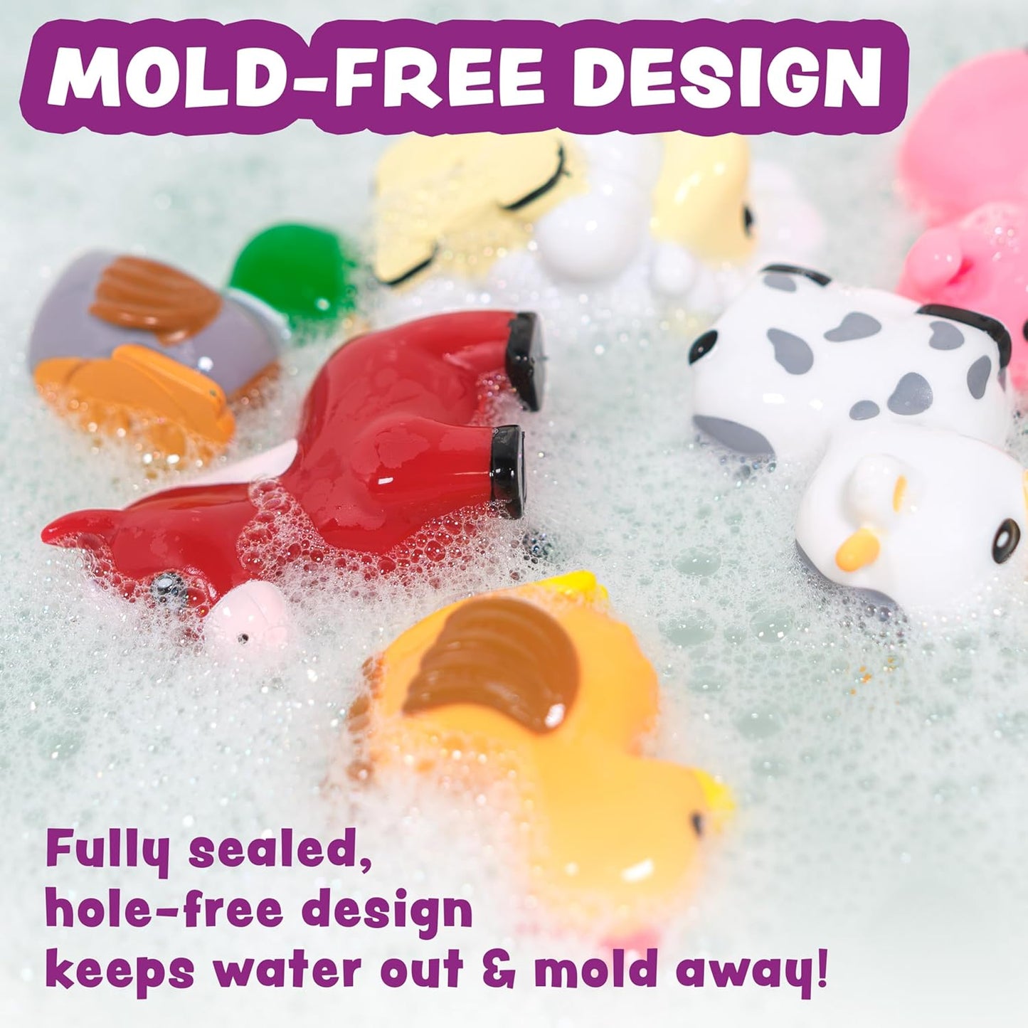 HotTub Works® Barnyard™ Mold Free Bath Toys, 6 Pack | Sealed, No Hole Bath Toys Design Keeps Moisture Out | Soft, Squeezable & Float on Water | Farm Animals Baby & Toddler Bathtub Toys | Baby Pool Toys
