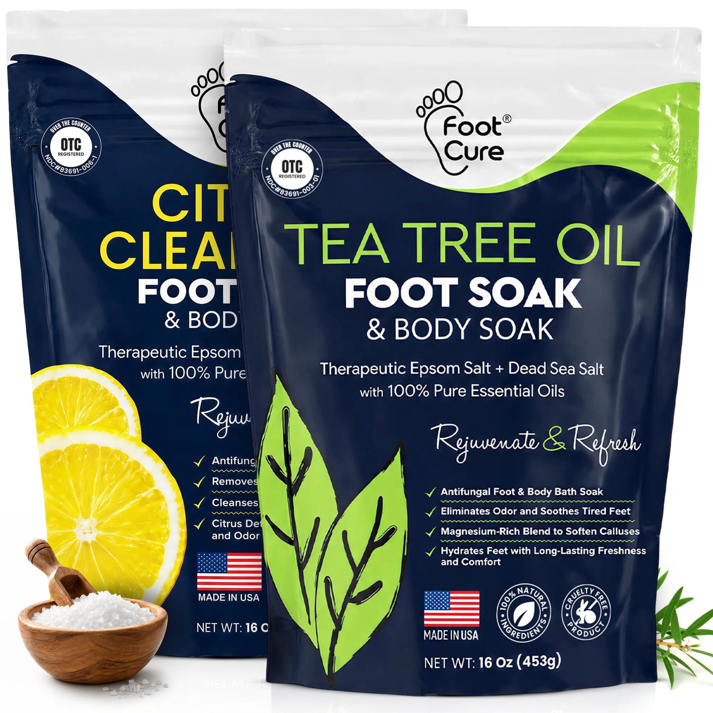 HotTea Tree Oil Foot Soak with Epsom Salt - For Toenail Repair, Athletes Foot, Softens Calluses, Soothes Sore & Tired Feet, Nail Discoloration, odor Scent, Spa Pedicure Care - Made in USA 16 oz