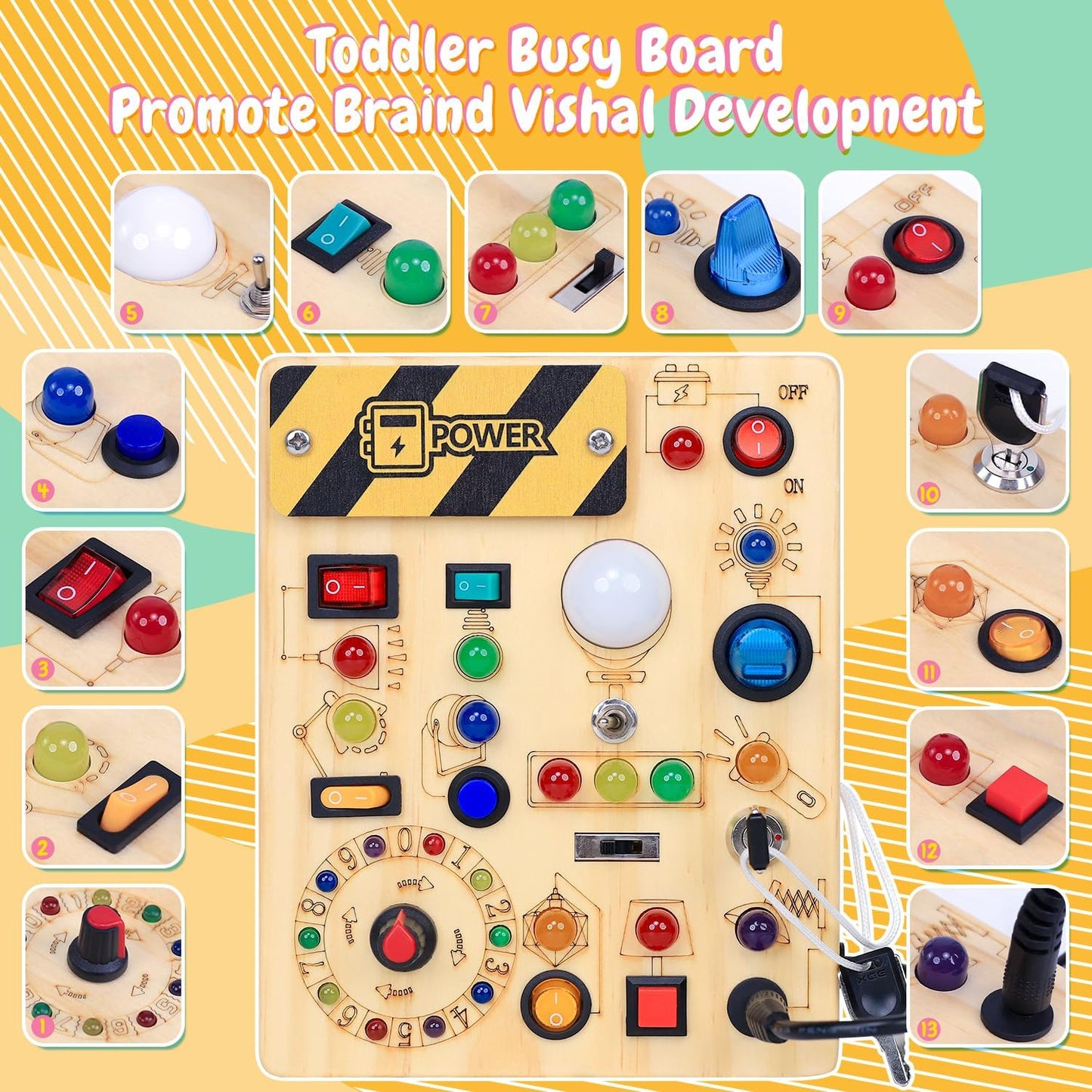 HotBusy Board with LED Light Switches, Montessori Toys for 1 2 3 Years Old, Toddlers Wooden Toy Sensory Activity Board, Travel Toys for 1+ Year Old Boy & Girl Birthday Gift