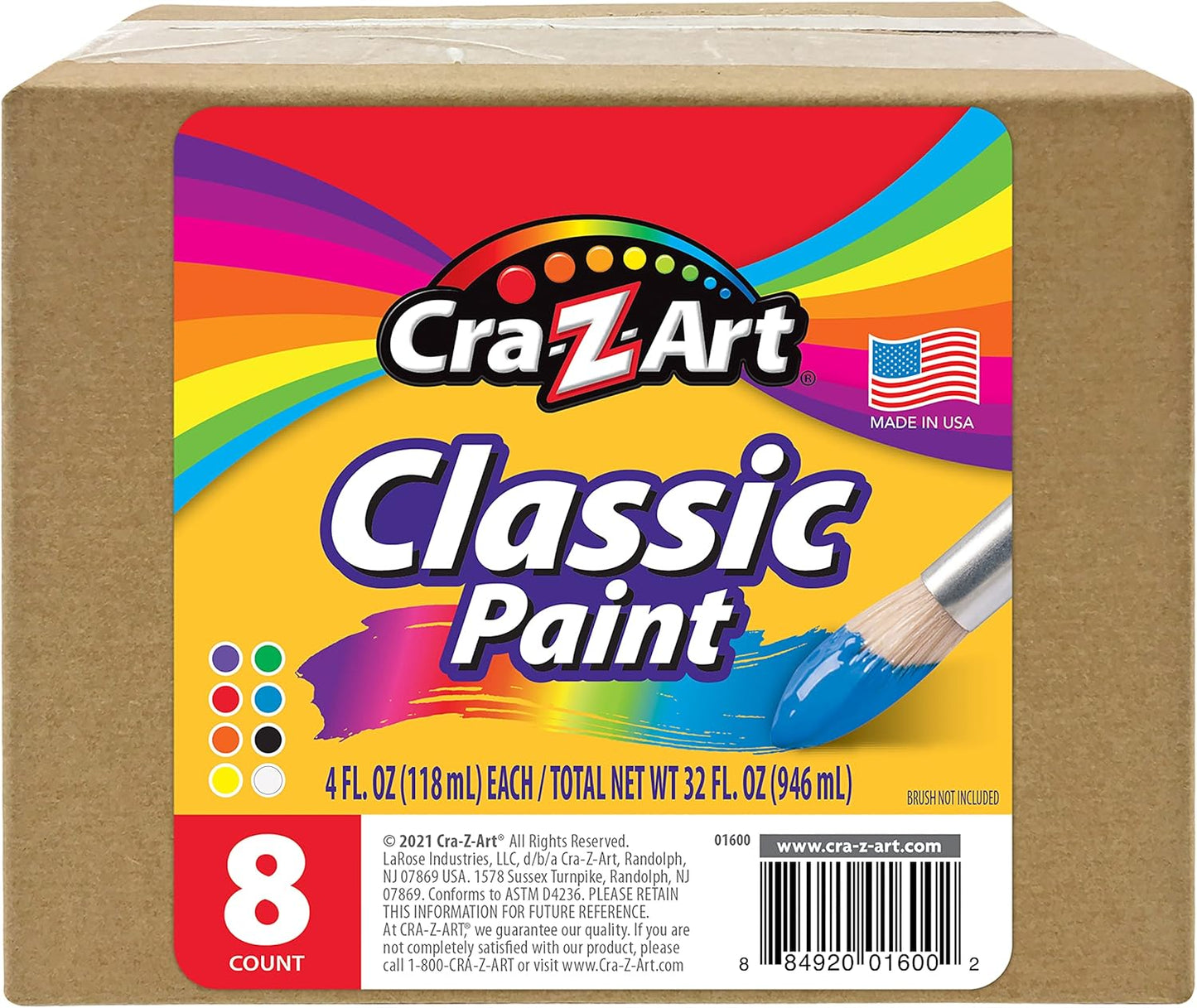 HotCra-Z-Art Washable Classic Paint Bulk Pack 8ct, Assorted Colors 4oz each bottle