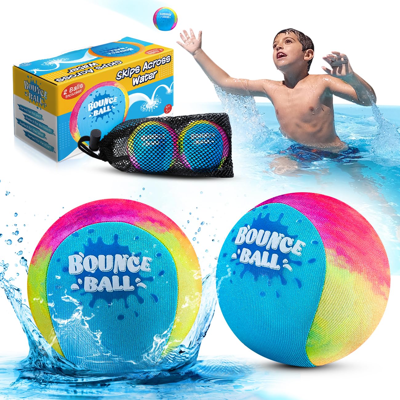 HotBambilo Water Skipping Ball | 2-Pack Bounce Balls | Water Bouncing Beach Balls & Grip Ball | Pool Toys for Kids Age 5-8-12 | Great Summer Water Toy for Beach Swimming Pool River Lake
