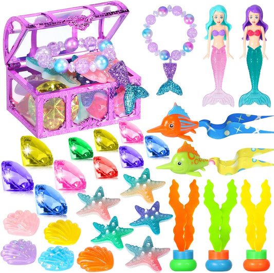 HotVGOFUN Diving Pool Toys for Kids Ages 3-12, 31 Pcs Mermaid Pool Toys, Diving Gem Toys with Pirate Treasure Chest, Summer Underwater Game Toys Swimming Training Gift for Boys Girls with Storage Bag