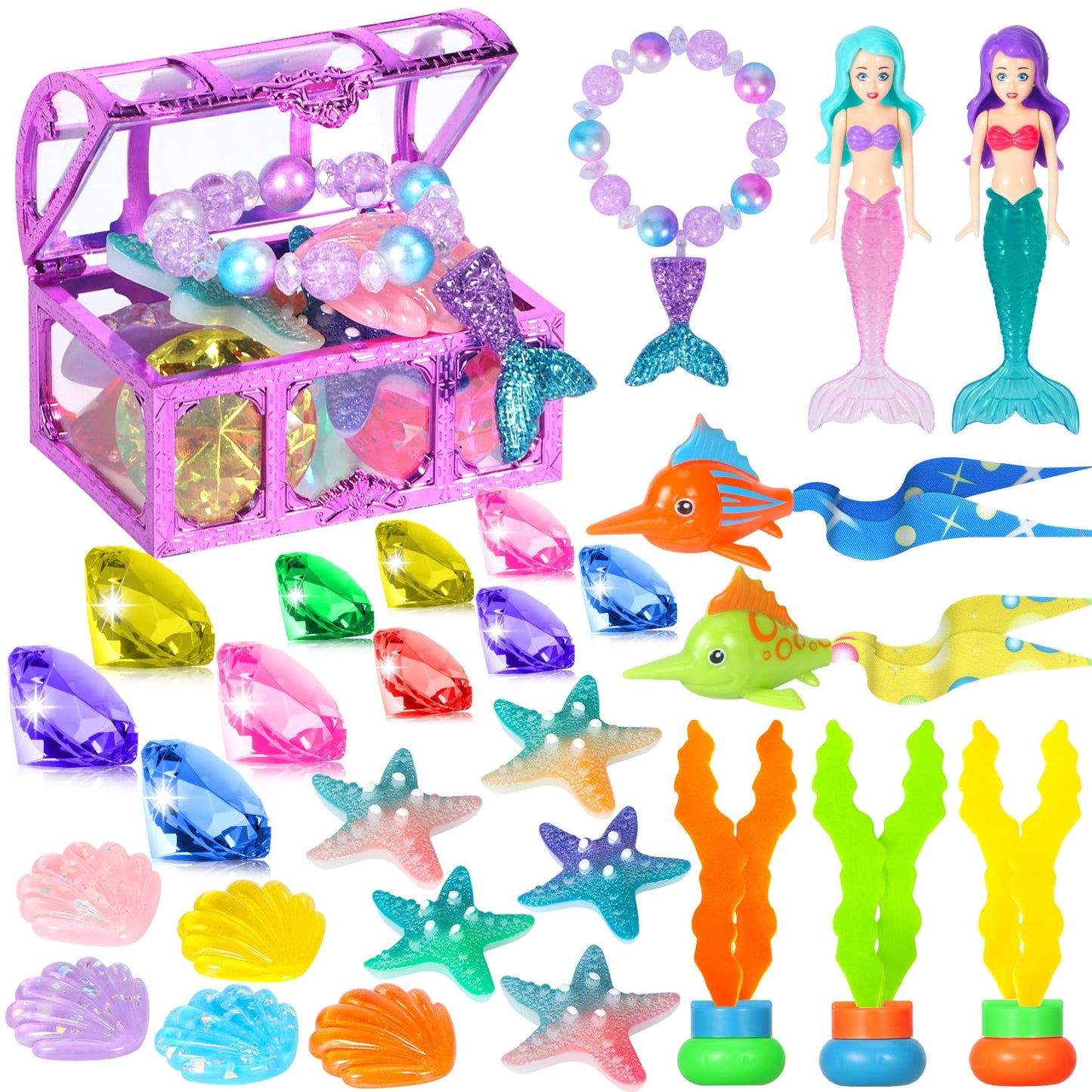 HotVGOFUN Diving Pool Toys for Kids Ages 3-12, 31 Pcs Mermaid Pool Toys, Diving Gem Toys with Pirate Treasure Chest, Summer Underwater Game Toys Swimming Training Gift for Boys Girls with Storage Bag