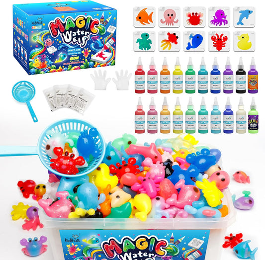 Hot Kiditos Magic Water Elf Toy Kit – Squishies for Kids, 20 Gels & 10 Molds, Magic Gel Water Pets Sensory DIY Craft Kit, Party Favors & Summer Gifts for Kids Ages 3+