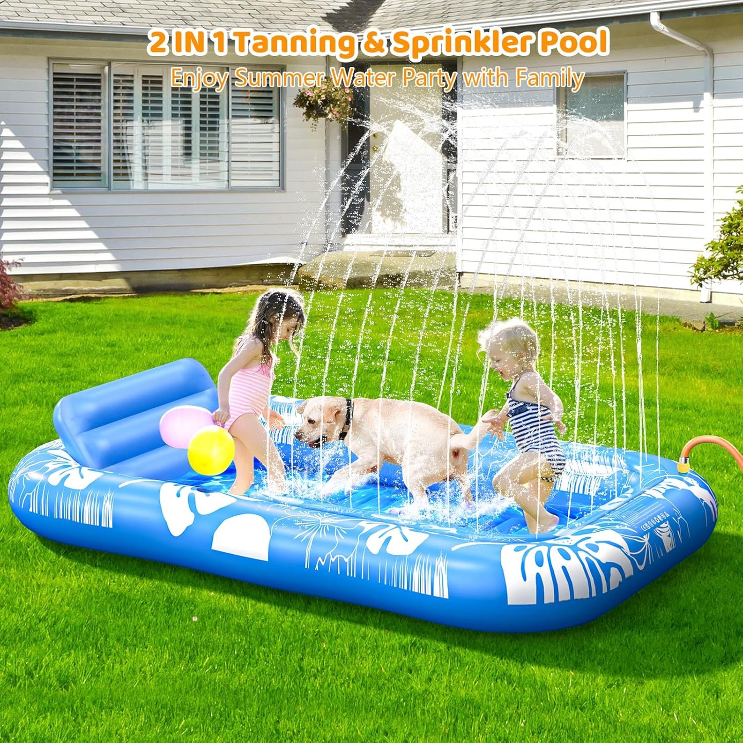 HotInflatable Tanning Pool Lounger Float with Sprinkler, 77" x 48" Pool Floats Adult with Pillow, 6 in 1 Suntan Tub Raft Floatie with Drink Holder Sunbathing Water Lounge