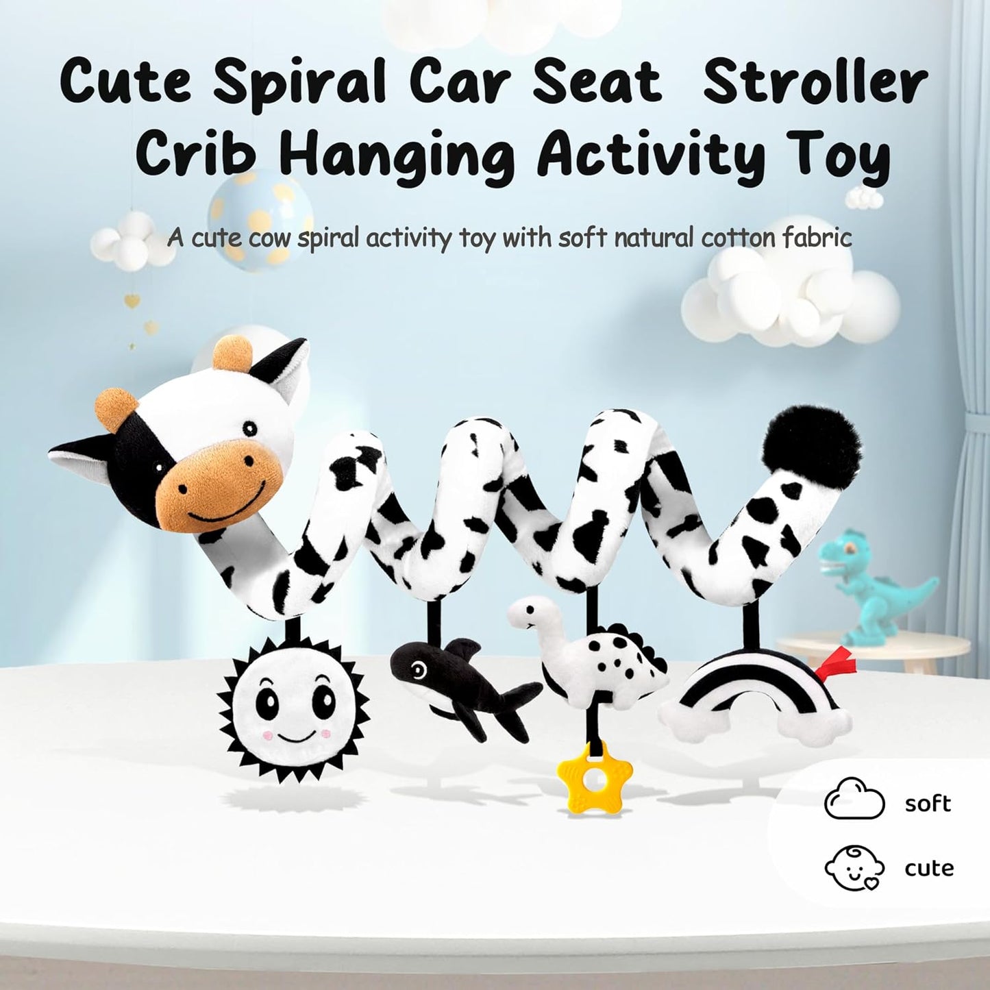 HotSpiral Car Seat Baby Toys 0-6 Months, Infant Carseat High Contrast Sensory Toys Hanging Stroller Accessories, Newborn Shower Gifts for Baby Boys Essentials Stuff, Cute Black and White Cow