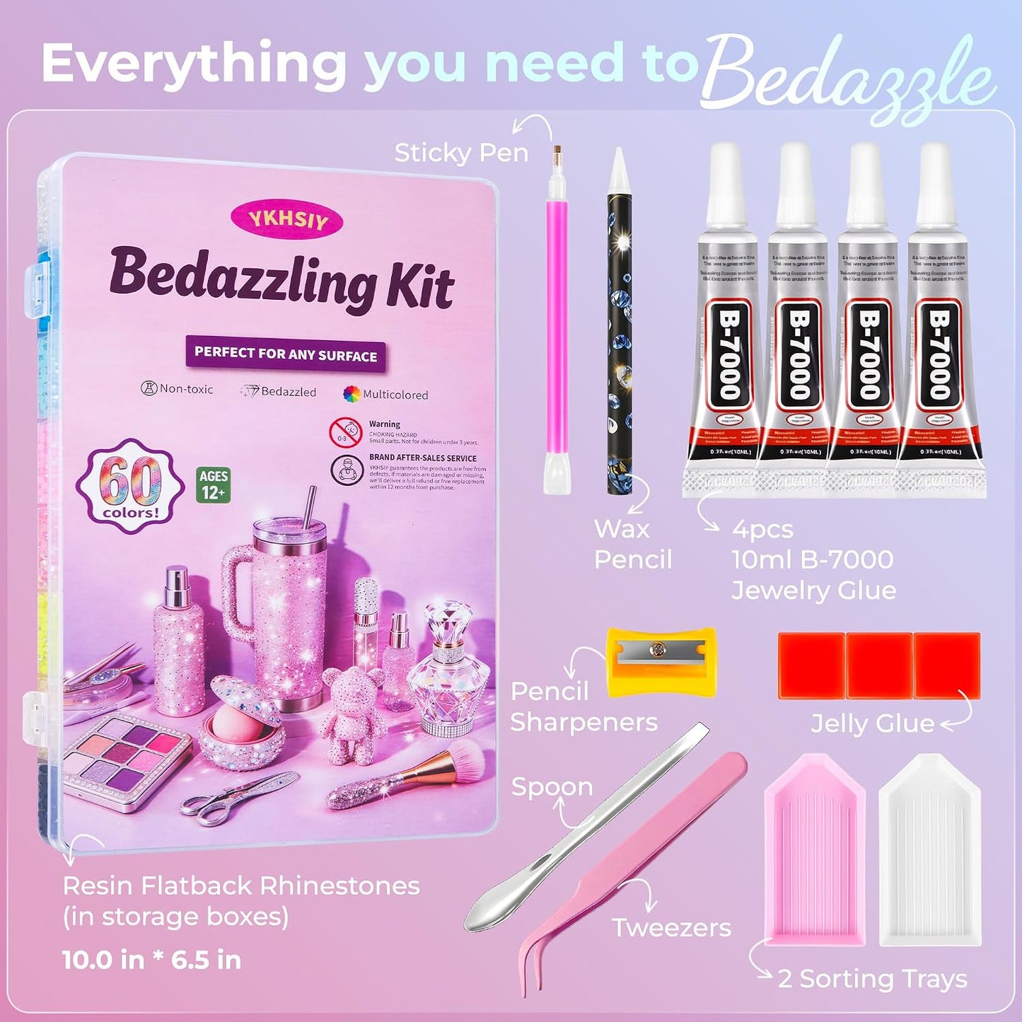 HotBedazzling Kit 48000Pcs 60 Colors Resin Jelly Rhinestones, Multicolor 3mm Flatback Gems for Diamond Art, Bedazzler Kit with 4Pcs 10ml B7000 Jewelry Glue & Tools - Christmas Birthday Gifts for Women