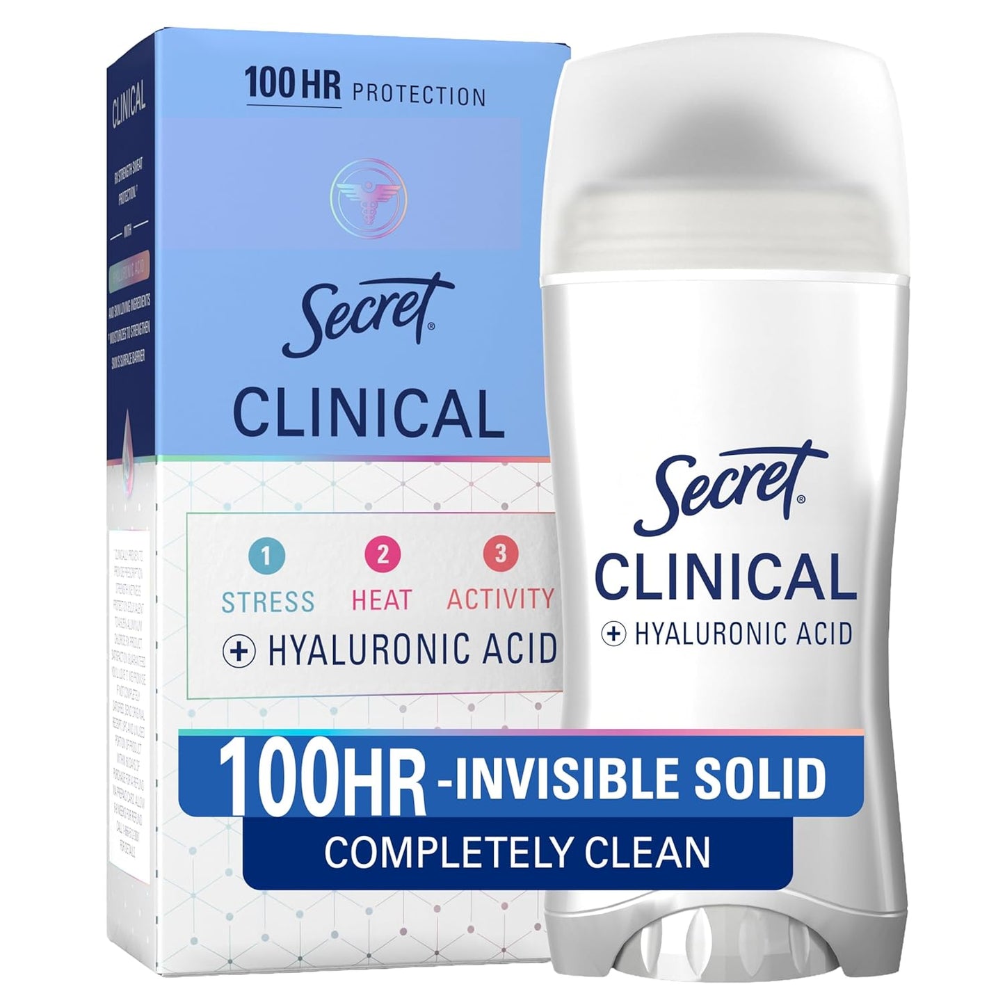 HotSecret Clinical Strength Invisible Solid Antiperspirant Deodorant for Women, 100HR Sweat & Odor Protection, 3X Stress Protection with Hyaluronic Acid, PH Balanced, Completely Clean Scent, 2.6 oz