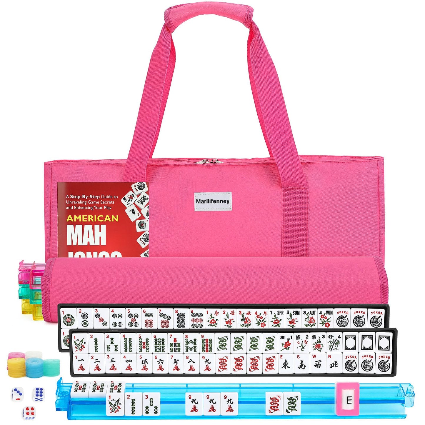 Hot American Mahjong Tile Set,166 White Tiles Mahjong Set,4 Colors Mahjong Racks,Travel Mahjong Set with Blue Carrying Bag