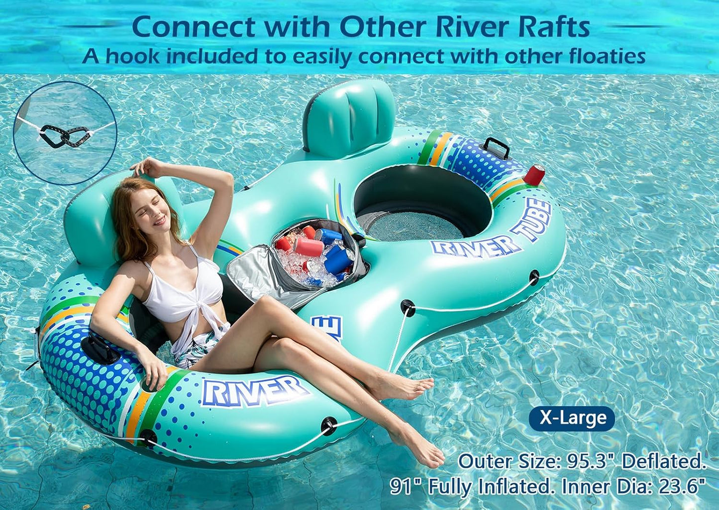 Hot Jasonwell Heavy Duty 2 Person Inflatable River/Pool Tube Float with Removable Cooler, Tubes for Lake, Floating River Raft Lounge Floatie with 2 cup Holders For Adults, Cyan