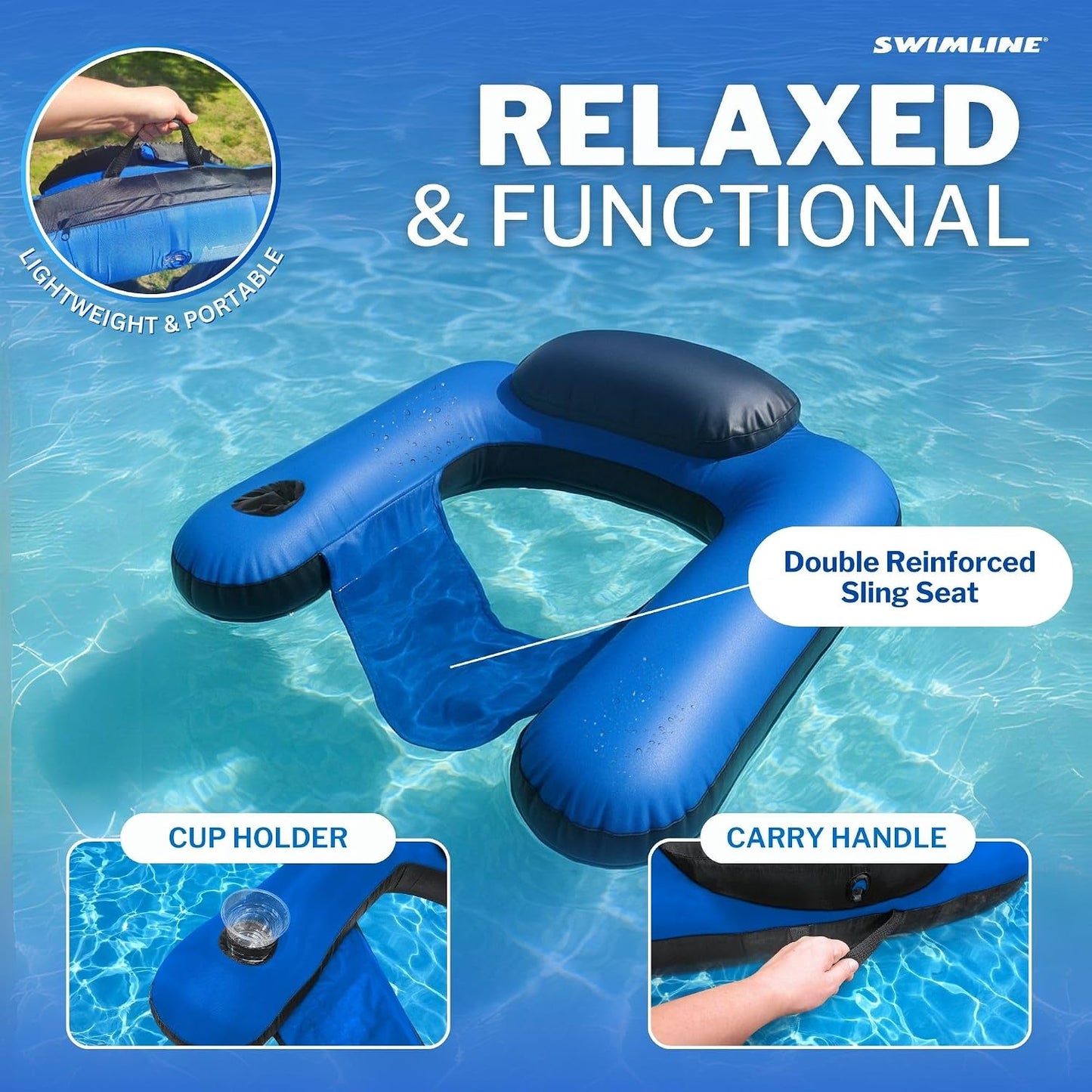 HotSWIMLINE Original Fabric Covered Inflatable Pool Lounger | with Comfortable Sling Seat, Back Rest, and Built in Cup Holder | for Pool, Beach, Lake, and More
