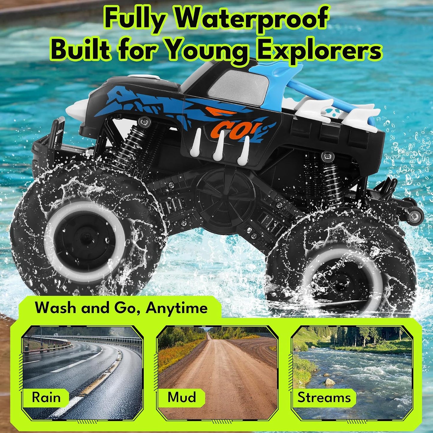 Hot Threeking 1:16 Amphibious Monster Truck All Terrain Remote Control Car Toys | Waterproof Durable 4WD Off-Road RC Crawler Cars Pick-Up Unique Toy Gifts for Boys Girls Ages 6-12