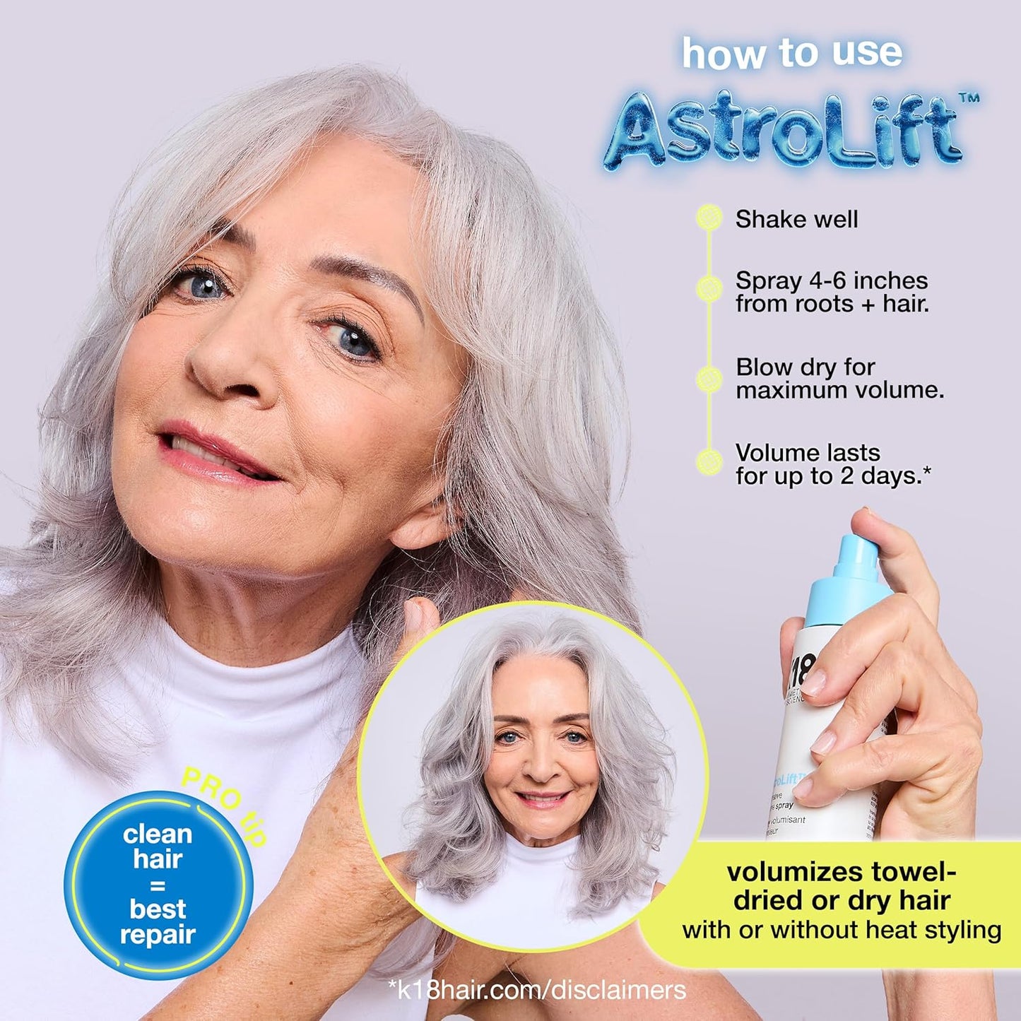 HotK18 AstroLift™ Reparative Volume Spray, 2-Day Hair Thickening + Hold For Thin, Fine, Fragile Hair, Non-Sticky, Non-Crunchy, Humidity-Resistant Volumizing Spray