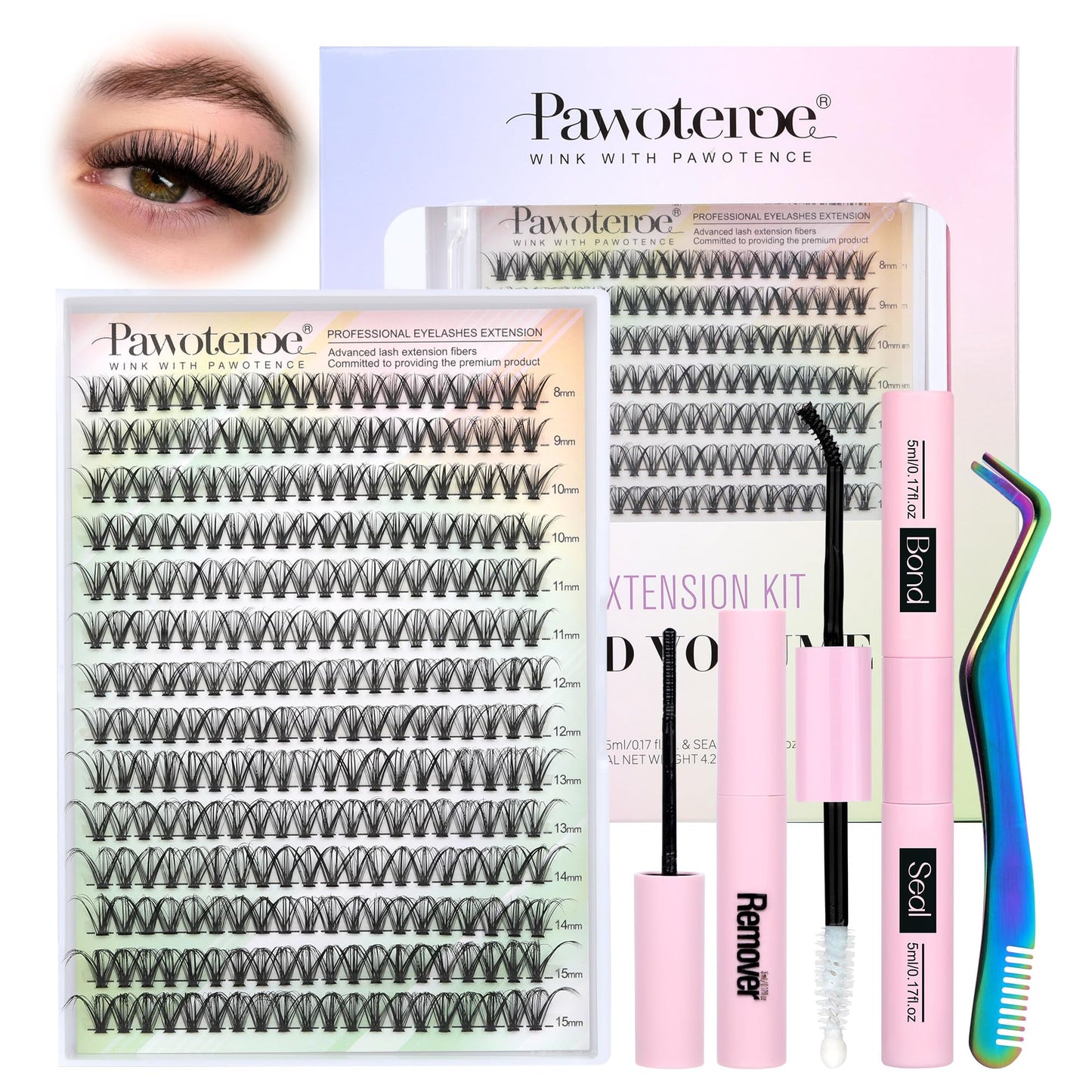 HotPawotence Lash Extension Kit DIY 280pcs Lash Clusters Eyelash Extension Kit, 9-16mm 30D 40D Individual Lashes Kit with Lash Bond and Seal, Lash Tweezers for Self Use (30D&40D, 0.07D, 9-16mm, Kit)