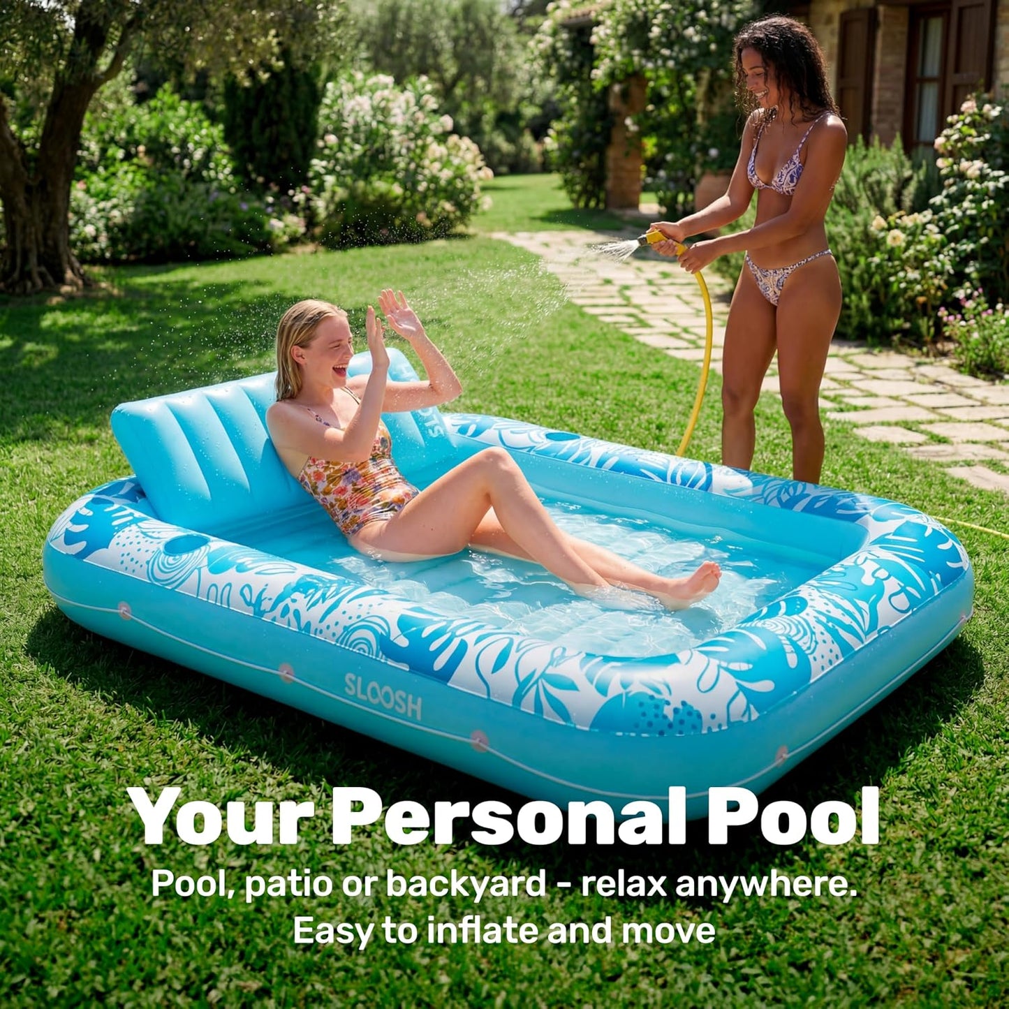 HotSLOOSH Inflatable Tanning Pool Lounger Float, 85" x 57" Extra Large Pool Floats Adult with Pillow, 4 in 1 Suntan Tub Raft Floatie,Sunbathing Bed Lounge for Water Blow Up Ball Pit Party Gifts, XL-Blue