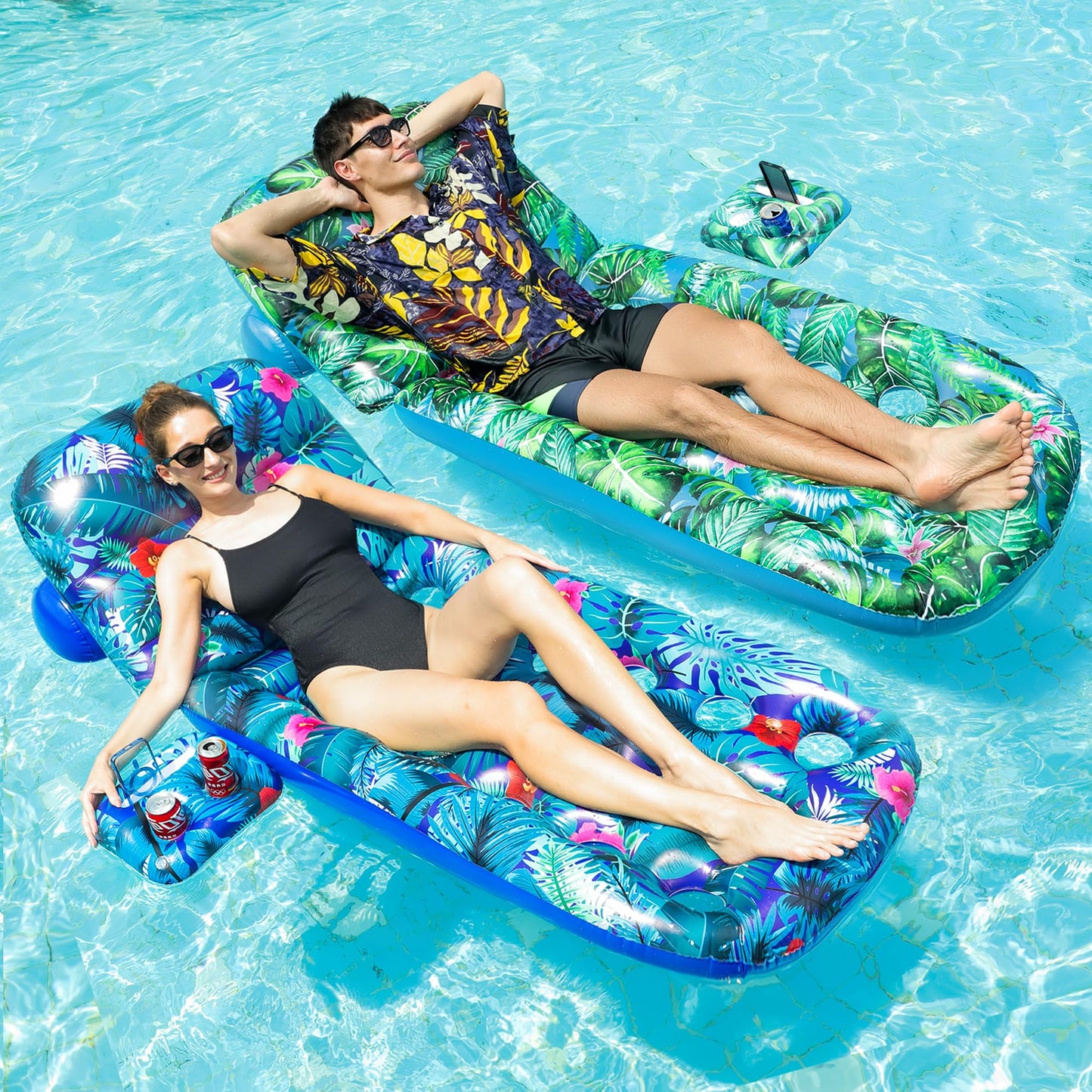 HotFindUWill Pool Floats Chairs Adult - 2 Pack 65'' x 42'' Large Pool Float Chairs, Inflatable Pool Lounger with Cup Phone Holder, Backrest, Footrest, Tanning Pool Lounge